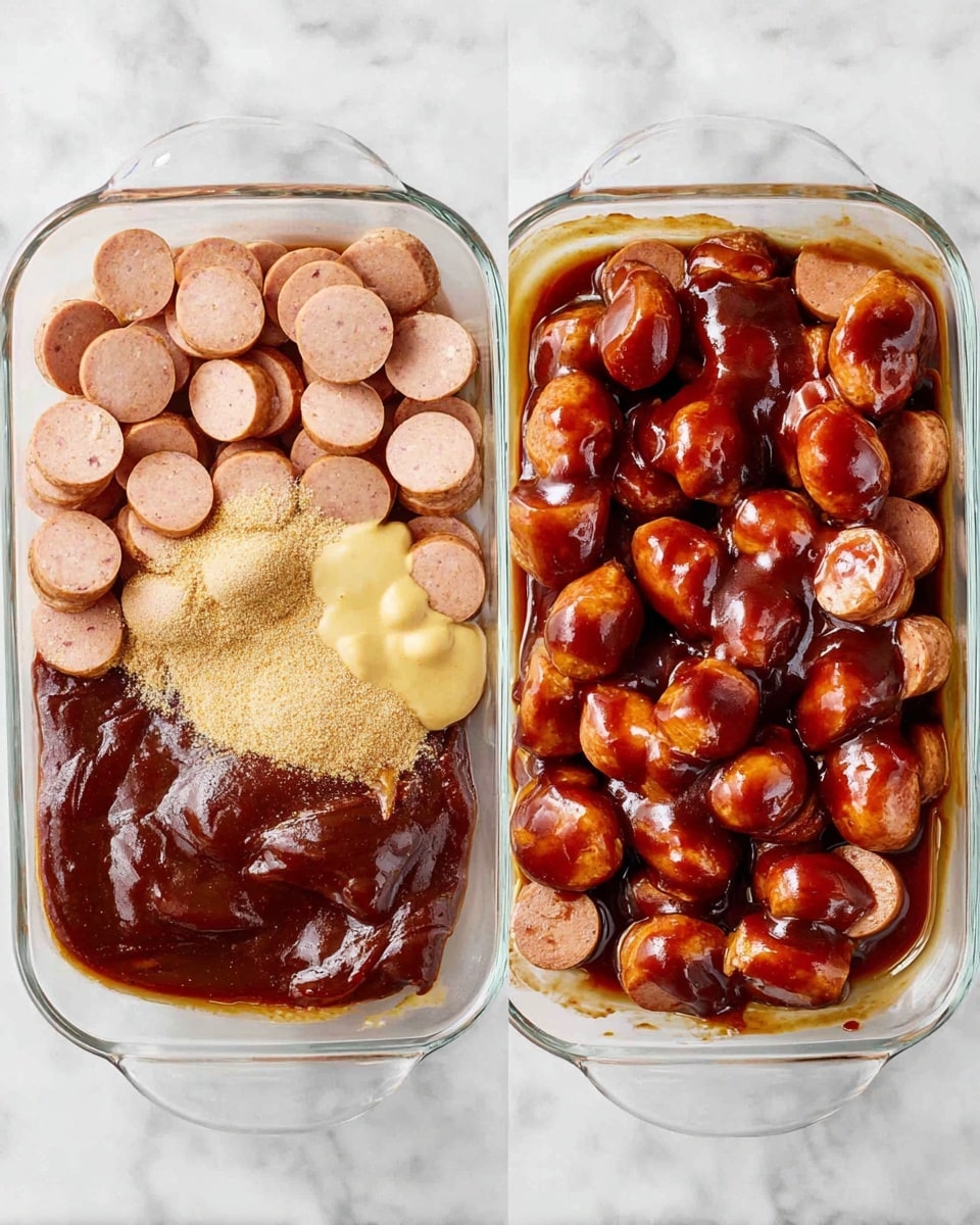 The image shows two white glass baking dishes side by side on a white marbled surface. The left dish has three layers: a bottom layer of many round, pale pink sausage slices, a middle thick layer of dark red-brown barbecue sauce spread unevenly in the center, and on top right a round pile of light brown sugar and a smear of pale yellow mustard with a small dab of dark red sauce on it. The right dish shows the same sausage slices fully mixed and covered evenly by the dark glossy barbecue sauce, giving the slices a shiny dark reddish-brown color with some lighter pink visible around the edges. Photo taken with an iphone --ar 4:5 --v 7