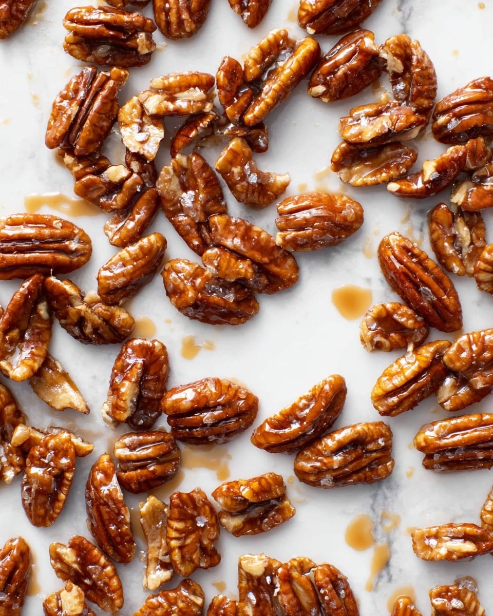 The image shows a layer of pecan halves spread out on a white marbled surface. The pecans are coated with a shiny, sticky caramel glaze, giving them a rich, glossy brown look with slight variations in shades from light caramel to deep amber. The nuts are scattered loosely, showing their smooth, grooved texture and uneven shapes, with some caramel drops visible around them, adding a fresh, sticky detail to the scene. photo taken with an iphone --ar 4:5 --v 7