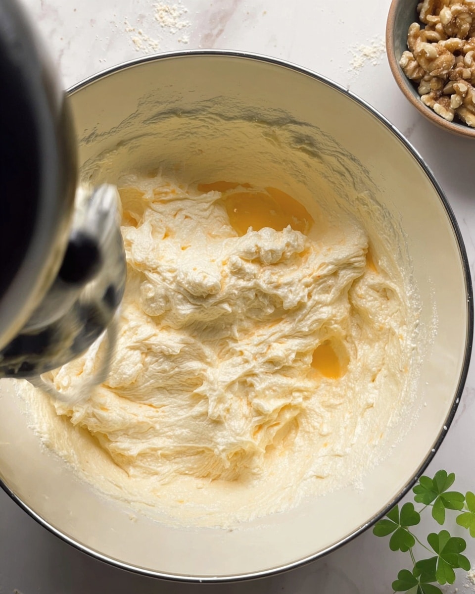 Inside a large white bowl with a silver rim, there is a thick mix of creamy white and pale yellow batter with soft, uneven textures. The batter shows some slightly clumpy areas with hints of smooth liquid pooling thinly on the top in a golden yellow shade. A black electric hand mixer is partially visible on the left side, whipping the batter and causing a blur of motion, blending the colors together. The bowl sits on a white marbled surface, and part of a small bowl filled with nuts is seen in the top right corner. A few green clover leaves are faintly visible in the back. photo taken with an iphone --ar 4:5 --v 7