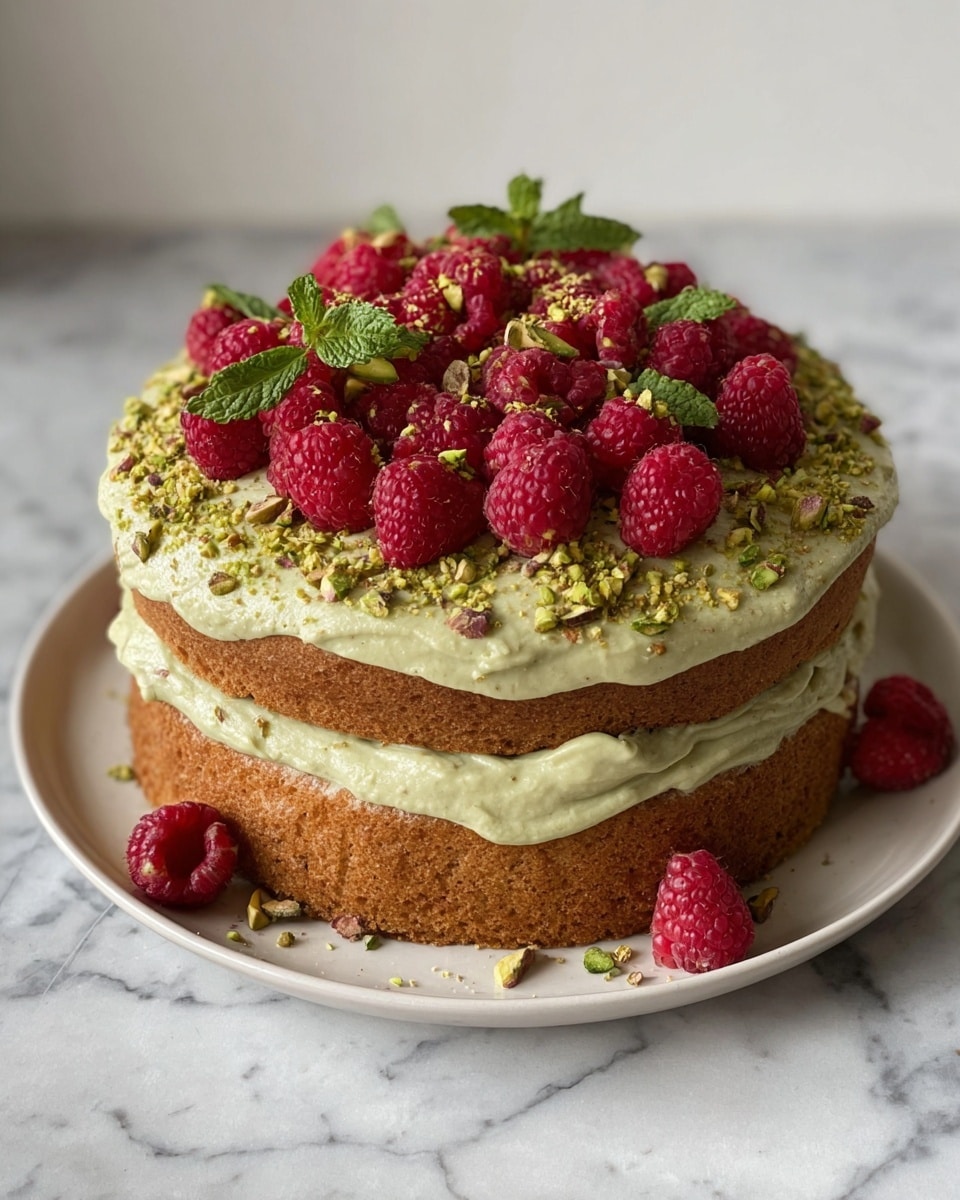 A two-layer cake sits on a white plate over a white marbled surface. The bottom layer is a light brown cake with a thick, creamy pale green frosting spread on top, which is decorated with fresh red raspberries and small green mint leaves. The second layer is placed on top and also light brown, with the same green frosting generously spread on top and sprinkled with chopped pistachios, more raspberries, and mint leaves, giving a textured and fresh look. Photo taken with an iphone --ar 4:5 --v 7