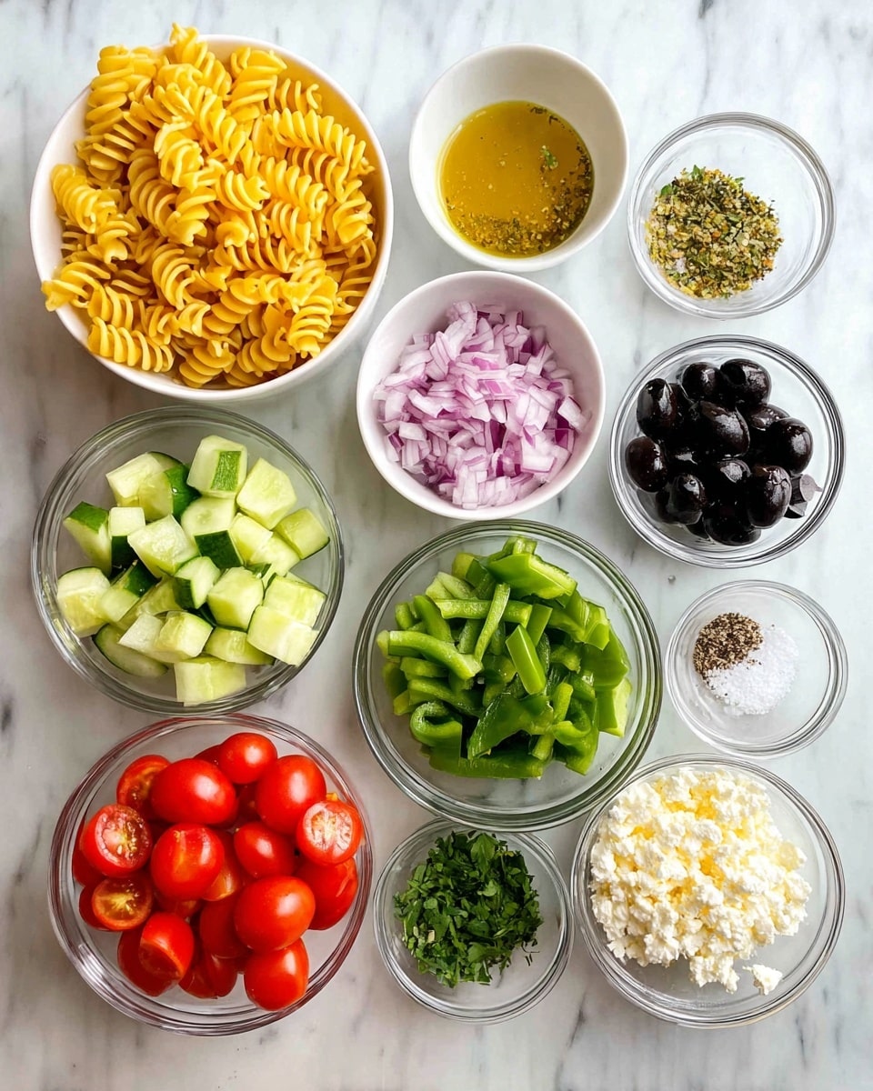 A top view of several small clear and white bowls arranged on a white marbled surface, each filled with different fresh ingredients: bright yellow spiral pasta in a white bowl on the top left, golden dressing with herbs in a white bowl above the center, finely chopped red onions in a clear bowl to the top right, black olive slices in a clear bowl below the onions, vibrant green bell peppers in a clear bowl below the pasta, bright red halved cherry tomatoes in a white bowl at bottom left, light green cucumber pieces in a white bowl at bottom center, finely chopped fresh green herbs in a clear bowl next to the olives, small piles of salt and black pepper in tiny clear bowls to the right, and crumbly white cheese in a clear bowl at bottom right photo taken with an iphone --ar 4:5 --v 7