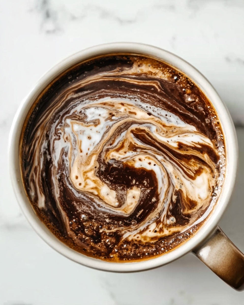 The image shows a white cup filled with dark brown coffee that has creamy white swirls mixed on the surface, creating a smooth, marbled pattern. The creamy swirls are spread evenly in a spiral motion, blending with the dark liquid below. The cup is placed on a white marbled background, adding a clean and bright contrast to the rich colors of the coffee. The light reflects slightly off the liquid, highlighting the texture of the swirls. Photo taken with an iphone --ar 4:5 --v 7