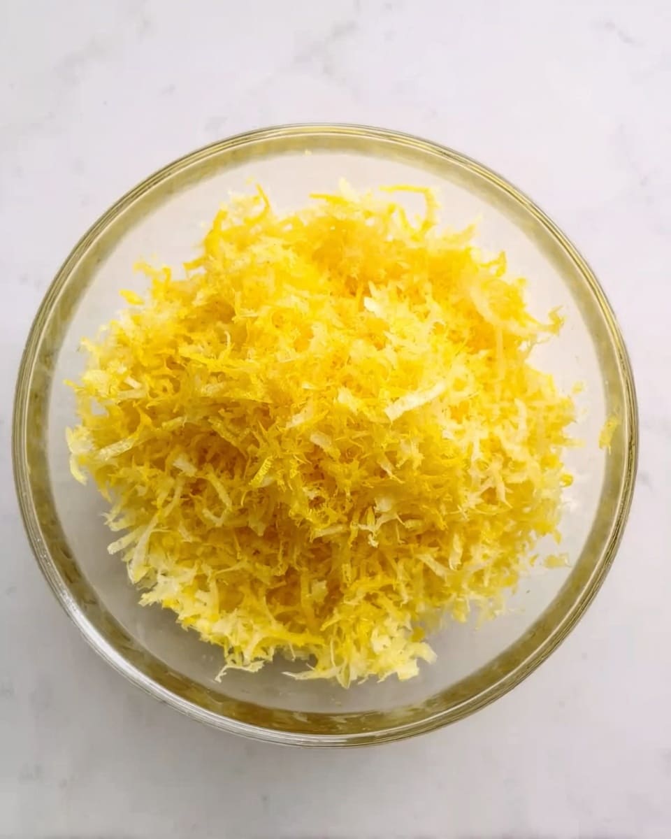 A clear glass bowl filled with finely grated yellow zest, showing uneven small shreds piled up inside. The bowl sits on a white marbled surface, with soft light reflecting on the glass edges, highlighting the texture of the zest. The vibrant yellow color contrasts with the clear bowl and light background, showing detail in each tiny shred. photo taken with an iphone --ar 4:5 --v 7