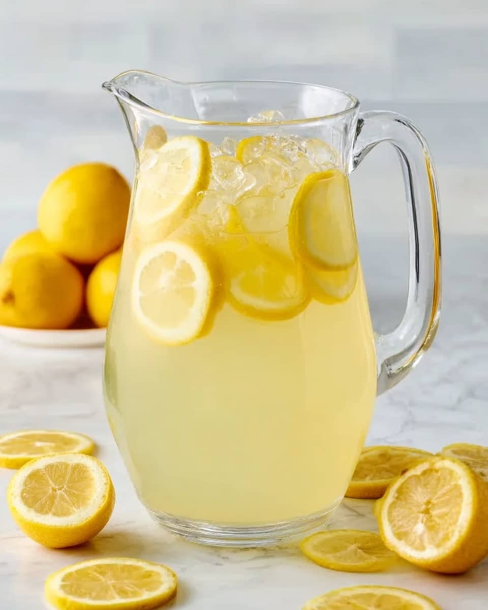 A clear glass pitcher filled with pale yellow lemonade with several round lemon slices floating inside. The pitcher is placed on a white marbled surface with whole and half lemons in the background and lemon slices arranged on the surface in front. The lemonade has a smooth, translucent texture, and the bright yellow lemon slices add a fresh, vibrant look. Photo taken with an iphone --ar 4:5 --v 7