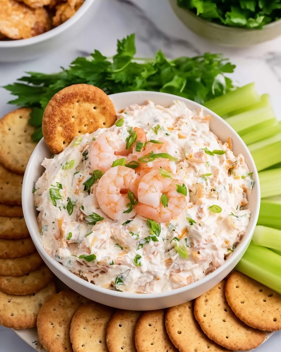 A white bowl is filled with creamy shrimp dip that has small shrimp pieces mixed in, garnished with three whole pink shrimp and chopped green herbs on top. A toasted brown cracker is dipped into the dip on the side of the bowl. Around the bowl, there are layers of light green celery sticks to the top right and tan round crackers arranged on a white marbled surface. In the background, a partial view of a white bowl with round tan crackers and a green bowl with fresh parsley leaves are visible. Photo taken with an iphone --ar 4:5 --v 7