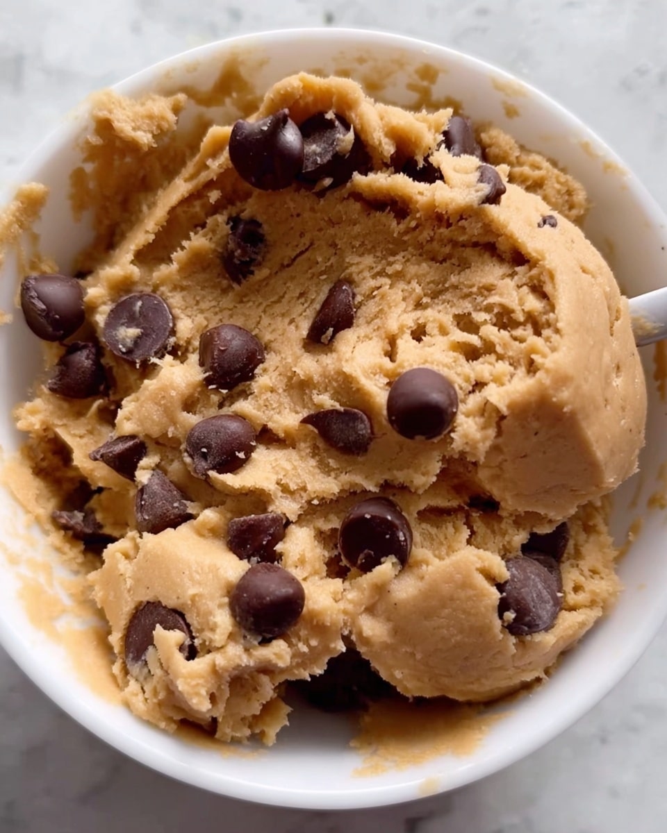 A close-up view of a white bowl filled with thick, light brown cookie dough mixed with dark brown chocolate chips scattered throughout. The dough appears soft and textured, with some chunks of chocolate chips visibly embedded on the surface. The bowl has a smooth, clean interior and contains a small white spoon partially visible at the bottom. The background shows a white marbled texture. photo taken with an iphone --ar 4:5 --v 7
