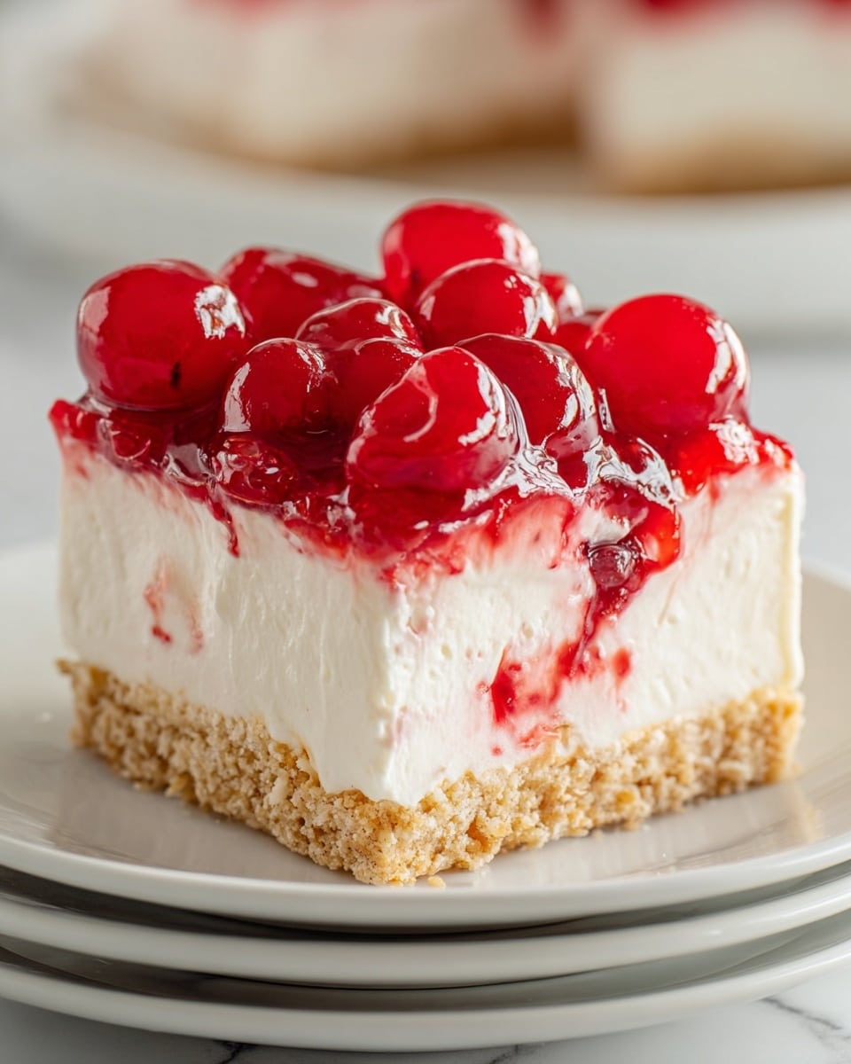 The image shows a rectangular white dish with a no-bake cherry cheesecake inside. This cheesecake has three layers: the bottom one is a crumbly brown crust made of crushed cookies, the middle layer is a thick, creamy white cheese filling, and the top layer is a shiny, bright red cherry topping with whole cherries covered in a glossy red sauce. A portion of the cheesecake is missing, revealing the layers clearly. The dish is placed on a white marbled surface. Photo taken with an iphone --ar 4:5 --v 7