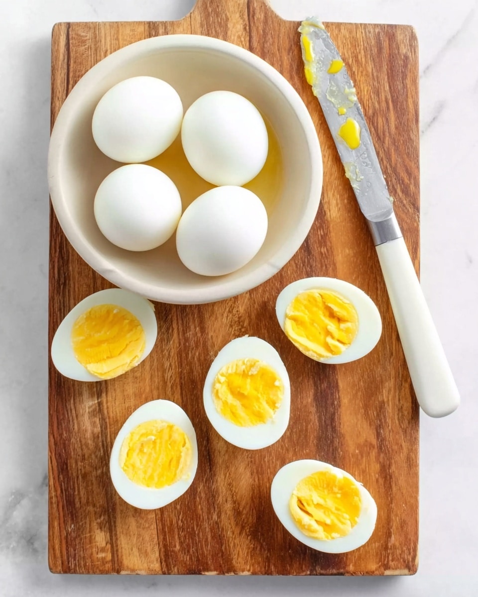 The image shows a wooden board on a white marbled surface. On the board, there is a white wooden bowl with three whole white hard boiled eggs inside it. Around the bowl, there are five halves of peeled hard boiled eggs with yellow yolks visible in the center, placed randomly on the board. A white handle knife with some yellow yolk residue on the blade rests on the right side of the board. photo taken with an iphone --ar 4:5 --v 7
