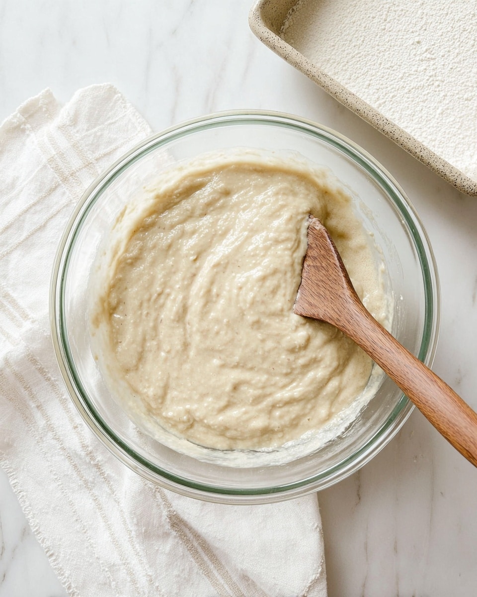 A clear glass bowl holds a thick, pale beige batter with a slightly lumpy texture, stirred by a wooden spoon resting on the right side inside the bowl. The bowl sits on a white marbled surface, next to a white cloth napkin with simple woven lines and a white, textured baking pan dusted with flour. The soft natural light highlights the creamy and moist consistency of the batter. Photo taken with an iphone --ar 4:5 --v 7