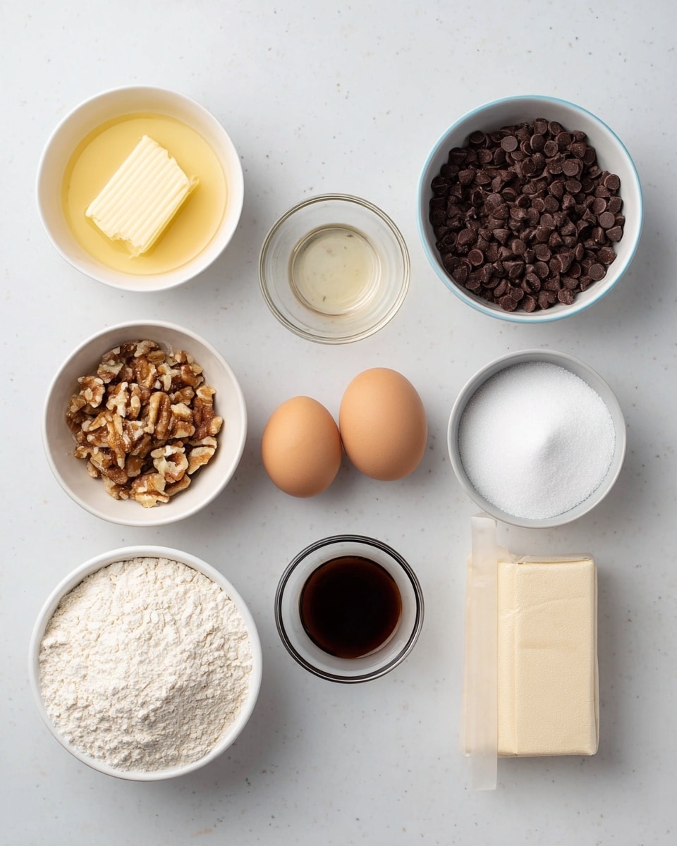 Seven small bowls and one wrapped item are placed on a white marbled surface. From left to right, there is a white bowl with melted butter that is pale yellow and smooth, a white bowl filled with dark brown chocolate chips with a slightly shiny texture, and another white bowl holding chopped light brown nuts with a rough texture. Below these, a small white bowl with two light brown eggs is centered, next to a small clear glass bowl with dark brown vanilla extract, and a white bowl filled with white granulated sugar with a fine texture. On the far left, there is a small white bowl filled with white flour which has a powdery texture. At the bottom, a wrapped light beige rectangular item is placed horizontally. The setting is bright and clean. Photo taken with an iphone --ar 4:5 --v 7