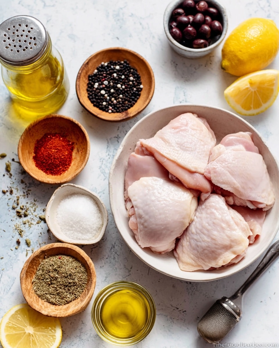 The image shows a white bowl filled with raw chicken thighs, pale pink with smooth skin. Surrounding the bowl on a white marbled surface are small wooden bowls containing different spices: dark black peppercorns, bright red paprika, light brown coriander seeds, white salt, and yellow olive oil. There is also a small glass jar with white garlic salt, two lemon halves that are fresh yellow with textured skin, and a small bowl of black olives. A woman's hand is holding a salt shaker above the spices. The overall scene is bright and clean. Photo taken with an iphone --ar 4:5 --v 7