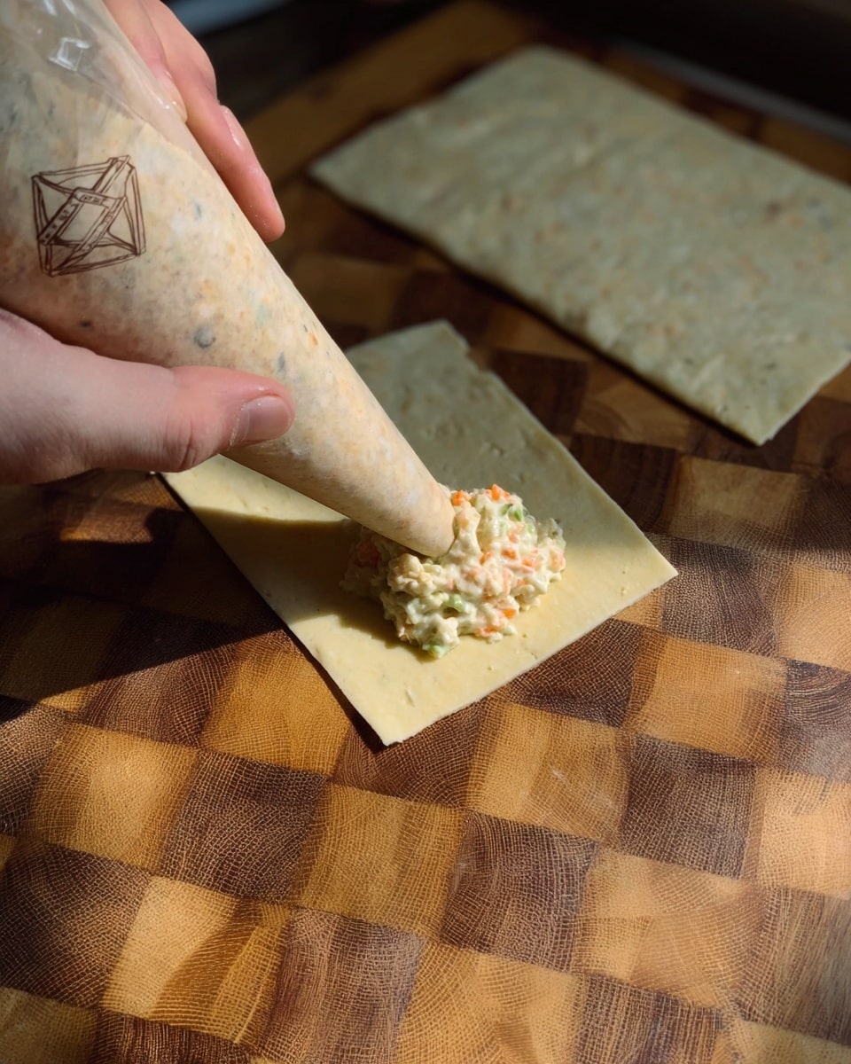 A woman's hand is placing a thick creamy filling with small visible bits of orange and green on the left edge of a flat, thin, square pale yellow pastry sheet. The filling is being squeezed from a cone-shaped bag with a triangle logo on it. The background is a wooden cutting board with a checkerboard pattern made of light and dark brown squares. Two folded sheets of the same pastry are lying at the top of the cutting board. The scene is lit with natural light. photo taken with an iphone --ar 4:5 --v 7