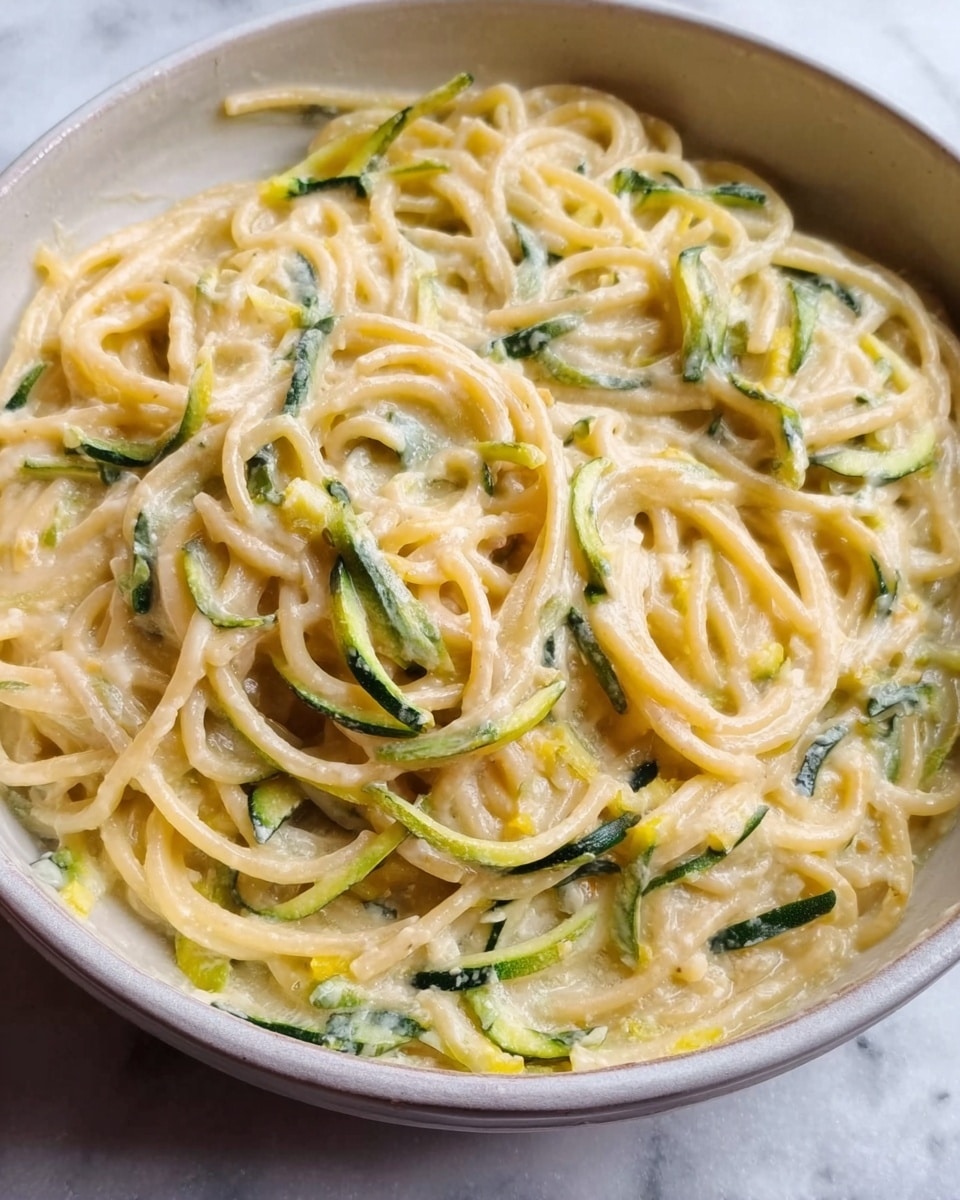 The image shows a close-up of a white bowl filled with creamy pasta. There is one main layer of long spaghetti noodles coated evenly in a light yellowish cream sauce with small slices of green zucchini mixed throughout. The texture looks smooth and rich, with the sauce slightly glossy on the noodles. The bowl sits on a white marbled surface. Photo taken with an iphone --ar 4:5 --v 7