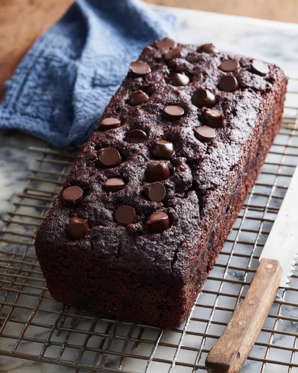 A rectangular dark brown chocolate cake with a rough texture sits on a metal cooling rack. There are many large, glossy chocolate chips scattered evenly on the top surface of the cake, giving it a slightly bumpy look. The cake is thick and dense, filling the shape fully, and appears moist. Next to the cake, a white marbled surface holds a blue cloth and a knife with a wooden handle, both placed casually near the rack. The photo taken with an iphone --ar 4:5 --v 7