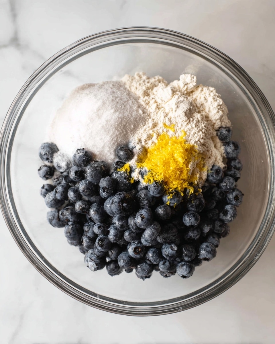 A clear glass bowl sits on a white marbled surface, filled with several layers of ingredients. The bottom layer is a heap of fresh dark blue blueberries that cover most of the bowl's base. On top of the blueberries, there is a pile of white granulated sugar on the left side and another pile of white flour on the bottom right side. In the middle, there is a small mound of bright yellow lemon zest that adds a vibrant pop of color against the dark berries. The textures range from smooth and round blueberries to fine, powdery sugar and flour, all neatly arranged without mixing. Photo taken with an iphone --ar 4:5 --v 7