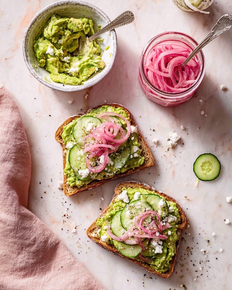 Two slices of toasted whole grain bread are topped with layers of bright green mashed avocado, thin light green cucumber slices arranged neatly, and light pink pickled onions in loops, finished with small white crumbles of cheese scattered on top. To the left, a white bowl holds more mashed avocado with a spoon inside. Above the toast, there is a clear glass jar filled with pink pickled onions in liquid. The white marbled surface under everything has scattered cucumber slices, cheese crumbs, and dark pepper specks. A soft, pale pink cloth is at the bottom left corner. Photo taken with an iphone --ar 4:5 --v 7