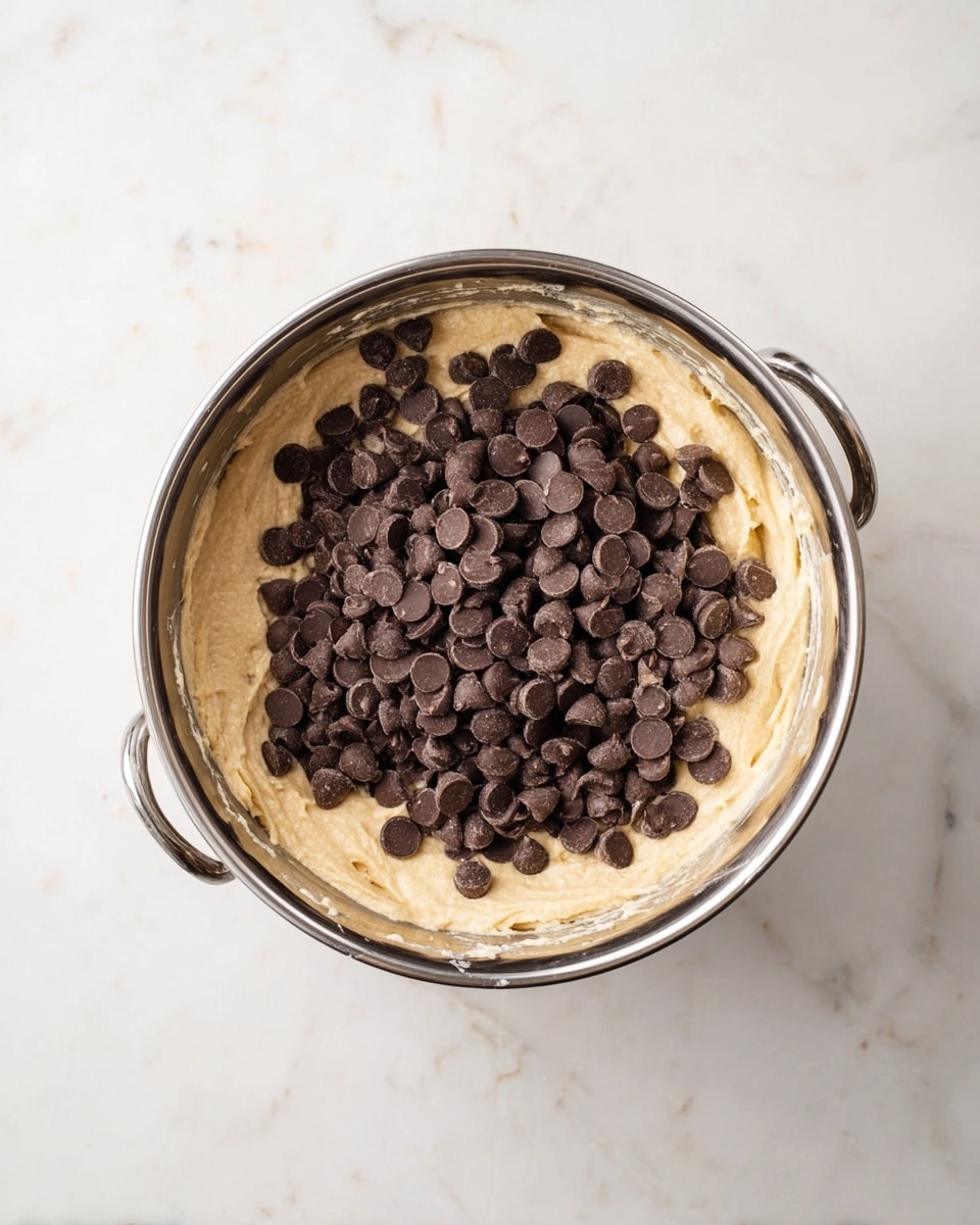 A round silver mixing bowl is filled with thick, light beige batter, topped with a large pile of dark brown chocolate chips that cover most of the center. The bowl rests on a white marbled surface, and the batter has a smooth but slightly uneven texture. The bowl's handles are visible on the top and bottom edges of the image. photo taken with an iphone --ar 4:5 --v 7