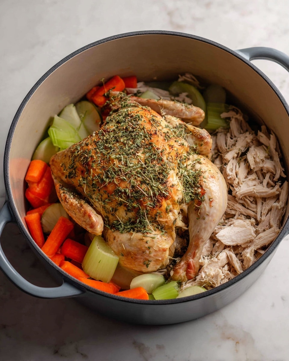 Inside a large gray cooking pot, there is a mix of ingredients. At the bottom, there are slices of green celery and thick chunks of orange carrots scattered around. On top of the vegetables, a whole cooked chicken rests in the center, light brown with crispy skin and covered in dried green herbs. Next to the chicken, on the right side, there are piles of shredded light beige chicken meat. The pot is placed on a white marbled surface. Photo taken with an iphone --ar 4:5 --v 7