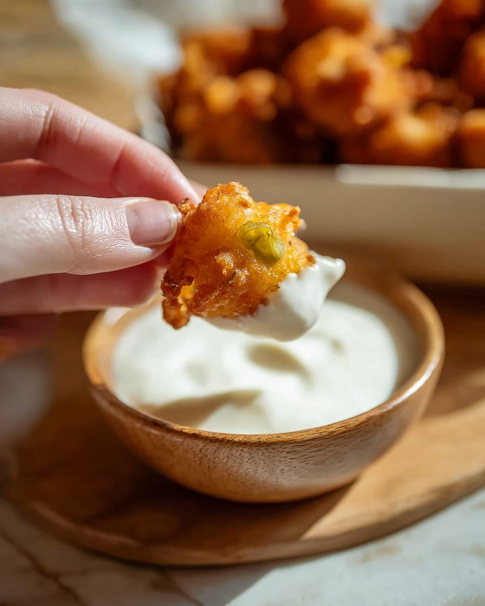 A close-up view of many golden brown fried corn fritters stacked together, with one fritter broken open on top showing a soft inside full of bright yellow corn kernels and small pieces of green pepper. The fritters have a crunchy, uneven surface with hints of green herbs mixed in. They are placed on a white marbled surface that adds a clean contrast to the warm tones of the fritters. The texture looks crispy outside and soft inside, with the colors mainly orange-brown, yellow, and green. Photo taken with an iphone --ar 4:5 --v 7