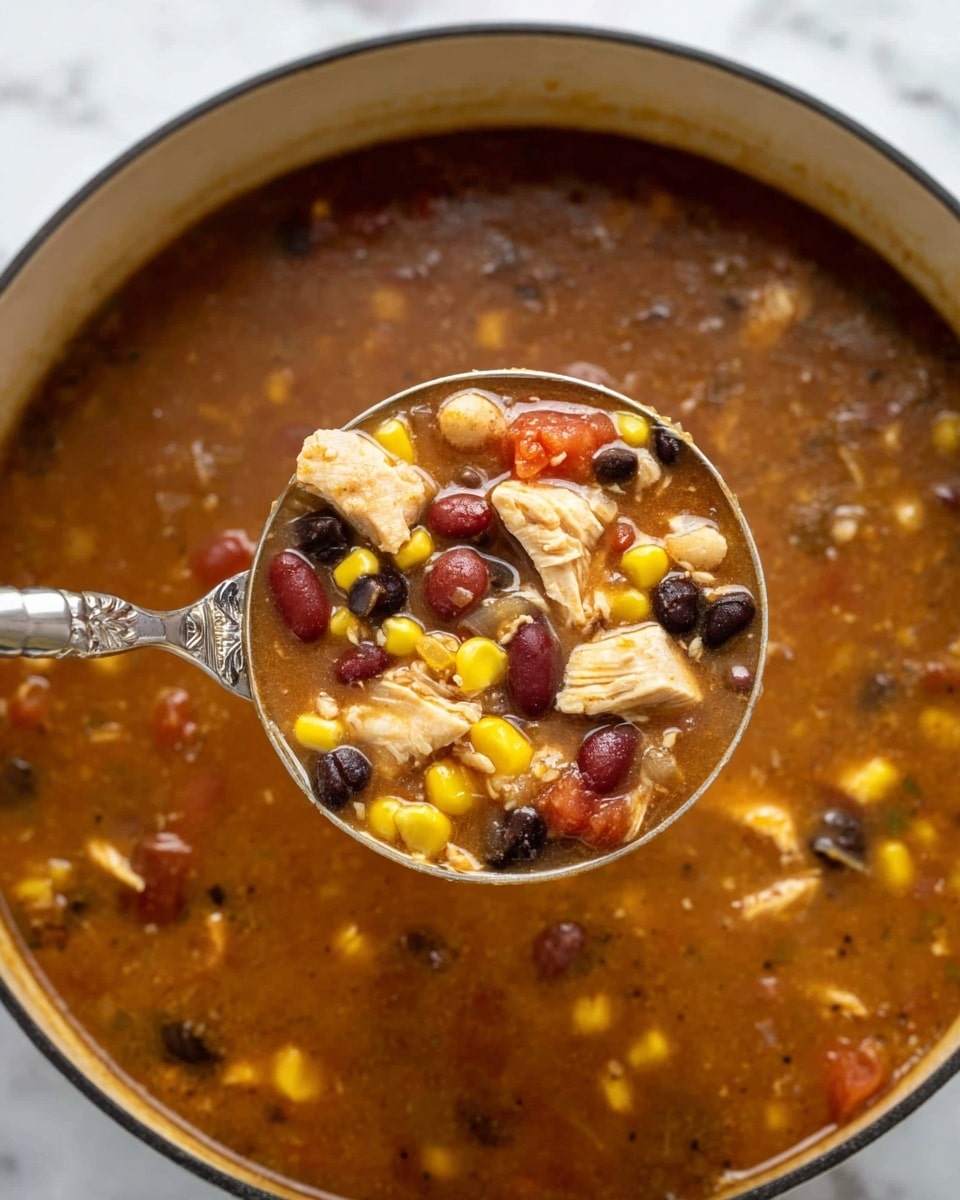 A large dark pot filled with a thick soup that has three visible layers: a reddish-brown broth base, yellow corn kernels scattered throughout, and mixed beans including black beans and pinto beans spread evenly. There are pieces of light-colored meat mixed in with the beans and corn. A silver ladle is placed in the soup, showing the same layered ingredients close up. Around the pot, there is a small wooden bowl filled with fresh green cilantro leaves, a white bowl with two silver spoons inside, and a clear bowl with light yellow tortilla chips. All items rest on a white marbled surface. photo taken with an iphone --ar 4:5 --v 7