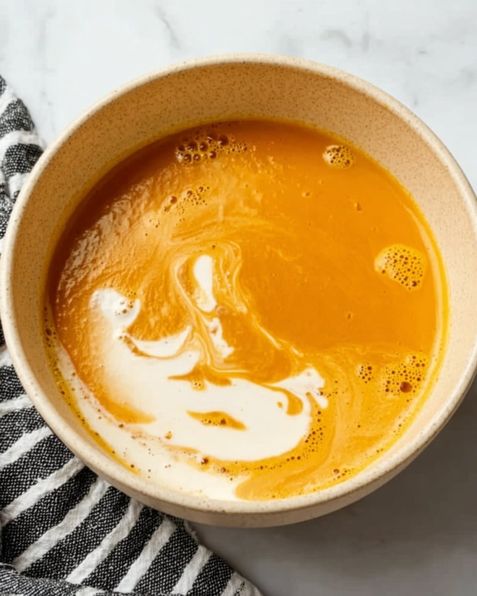 The image shows a beige bowl filled with a creamy soup that has two main layers: a bright orange layer covering most of the surface and a smaller off-white creamy layer mostly on one side, creating a swirling pattern where they meet. The soup has a smooth texture with a glossy finish, and there are a few small bubbles and spots of varied orange shades on the surface. The bowl is placed on a white marbled surface and there is a black and white striped cloth partially visible at the bottom left corner. photo taken with an iphone --ar 4:5 --v 7