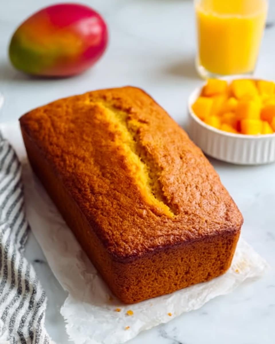 A golden-brown loaf cake sits centered on white parchment paper over a white marbled surface. The cake has a slightly cracked top running down the middle, showing a soft and moist texture inside. To the left, a striped cloth is partially visible. In the background, on the white marbled surface, there is a whole mango with a red and yellow skin, and a glass of orange juice with a light yellow color sits at the top right. Near the glass, white bowl filled with small orange mango cubes is also visible. The scene is bright and fresh, conveying a warm, homemade feeling. photo taken with an iphone --ar 4:5 --v 7