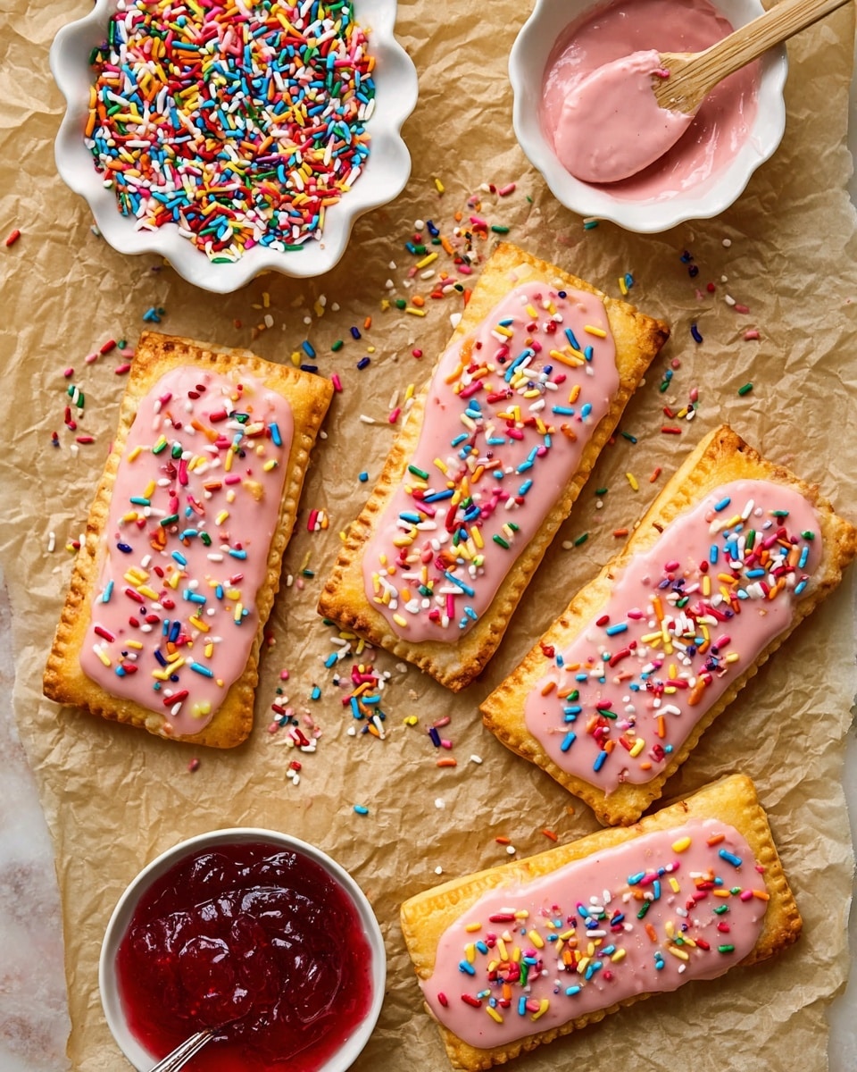 Four rectangular toast pastries with golden, slightly flaky crusts are placed on crinkled light brown paper. Each pastry is topped with a smooth layer of pale pink icing, sprinkled evenly with small, colorful cylindrical sprinkles in red, white, blue, green, yellow, pink, orange, black, and purple. Near the pastries, a white scalloped bowl holds more colorful sprinkles, some scattered outside the bowl and on the paper. Two small white bowls are visible at the bottom: one filled with a thick red jam and the other holding more pale pink icing with a small wooden spoon resting inside. Photo taken with an iphone --ar 4:5 --v 7