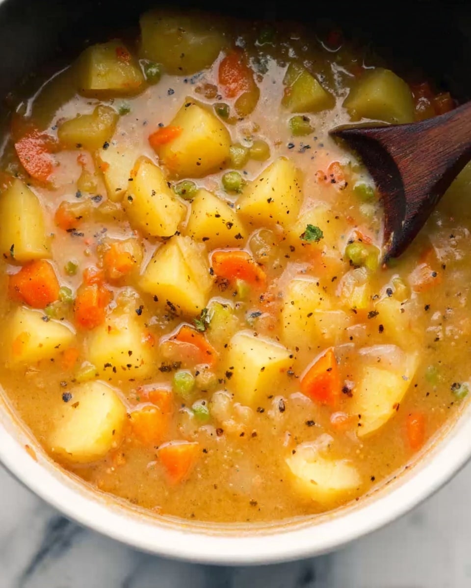 The image shows a close-up of a bowl filled with a thick soup or stew on a white marbled surface. The soup contains many small, yellow potato pieces, some cut into halves or quarters, mixed with small diced carrots and green vegetables in a broth that has a warm, light brown color with small black pepper flakes and herbs sprinkled throughout. A dark wooden spoon is partially dipped on the right side of the bowl, stirring the mixture gently. The bowl itself is white, and the texture of the soup looks smooth but chunky with visible soft vegetable pieces. photo taken with an iphone --ar 4:5 --v 7