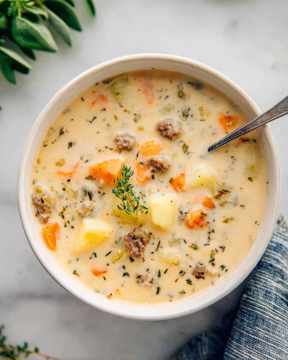 A white bowl filled with creamy soup showing three main layers: a light beige creamy base with smooth texture, scattered small chunks of golden yellow potatoes, soft orange carrot pieces, and small round brown sausage bits; green herbs sprinkled throughout and a few small green thyme leaves floating on top; a silver spoon resting on the right side inside the bowl; the bowl placed on a white marbled surface with a green leafy herb in the top left corner and part of a blue striped cloth near the bottom right; photo taken with an iphone --ar 4:5 --v 7