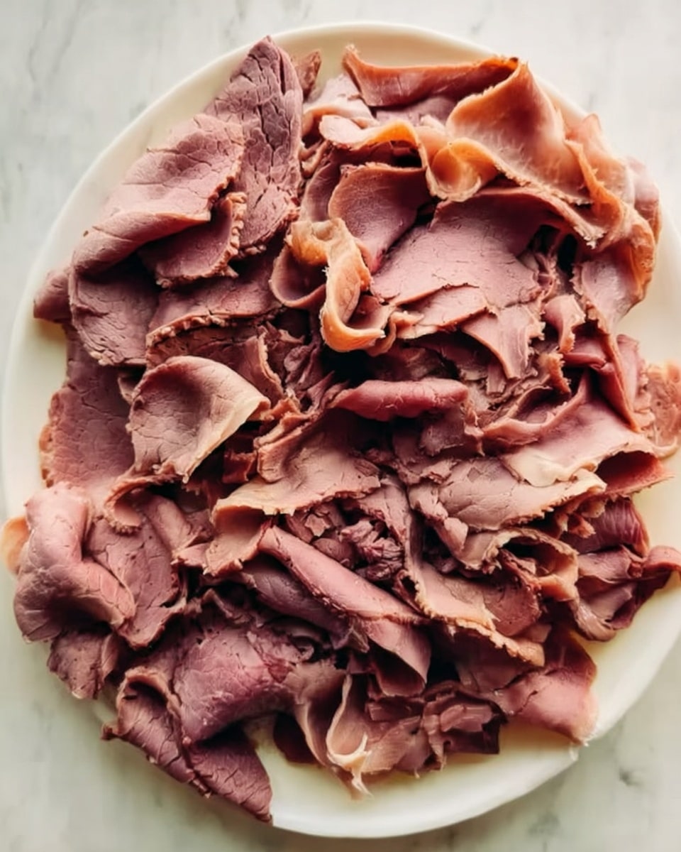 Thin slices of roast beef are loosely piled on a large white plate, showing soft folds and varying shades of brown and pink with some slightly darker edges. The meat has a moist and tender texture with visible grain and some parts curling gently. The plate sits on a white marbled surface. Photo taken with an iphone --ar 4:5 --v 7