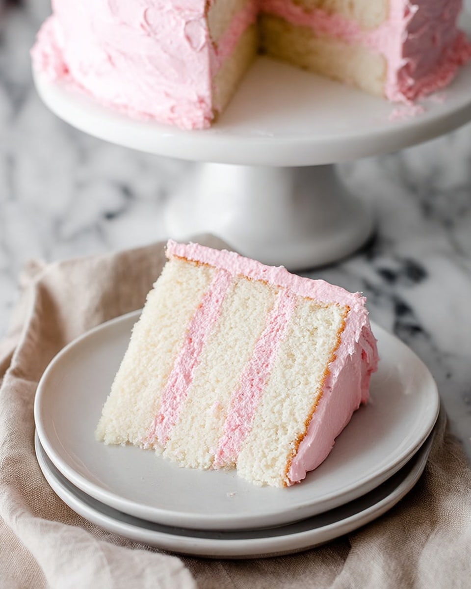 A three-layer white cake with pale pink frosting between each layer and covering the entire outside. The cake layers look soft and moist, with light crumb texture. The pink frosting is smooth and creamy, evenly spread on the cake's sides and top. The cake is on a white cake stand with black ribbon details around the edge, set against a white marbled surface. One slice is removed, showing the inside layers clearly. Photo taken with an iphone --ar 4:5 --v 7