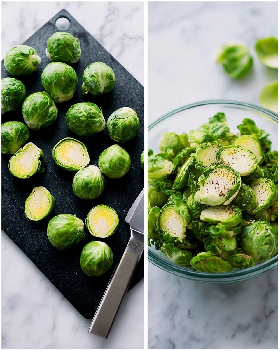 Two images show fresh green brussels sprouts. The left image has whole and half brussels sprouts on a black chopping board, placed on a white marbled surface. A large knife lies next to the sprouts. The right image shows halved brussels sprouts in a clear glass bowl with sprinkled black pepper on top, also on a white marbled surface. photo taken with an iphone --ar 4:5 --v 7