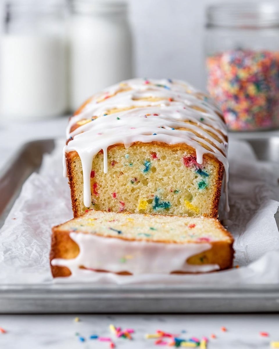 A loaf cake with a light golden brown crust, sliced at the front to show a soft inside filled with small colorful sprinkles in blue, red, yellow, green, and orange. There is a thick layer of glossy white icing dripping down the sides from the top. The cake sits on white parchment paper on a metal tray, with a blurred background showing white jars and a clear glass jar filled with sprinkles. The surface is a white marbled texture with some colorful sprinkles scattered around. Photo taken with an iphone --ar 4:5 --v 7