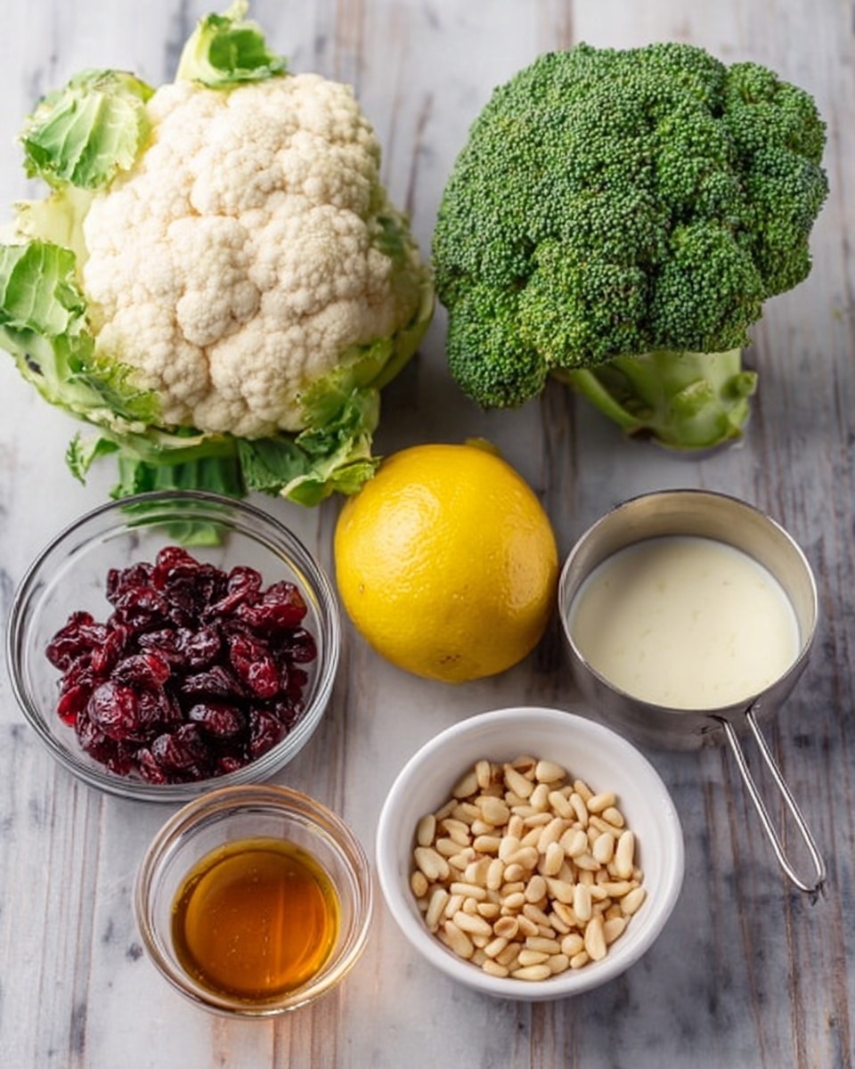 The image shows six separate items arranged on a white marbled surface. At the back left, there is a white cauliflower with some green leaves at its base, and to its right is a green broccoli head with a thick stalk. Next to the broccoli, there is a lemon cut in half exposing its yellow inside. In front of these, the front left has a small clear bowl filled with deep red dried cranberries. Just to the right, there is a white round bowl with light brown pine nuts inside. Next to the pine nuts, there is a small clear bowl containing golden-brown honey. Lastly, to the right of the honey, there is a metal measuring cup full of a white creamy substance. photo taken with an iphone --ar 4:5 --v 7