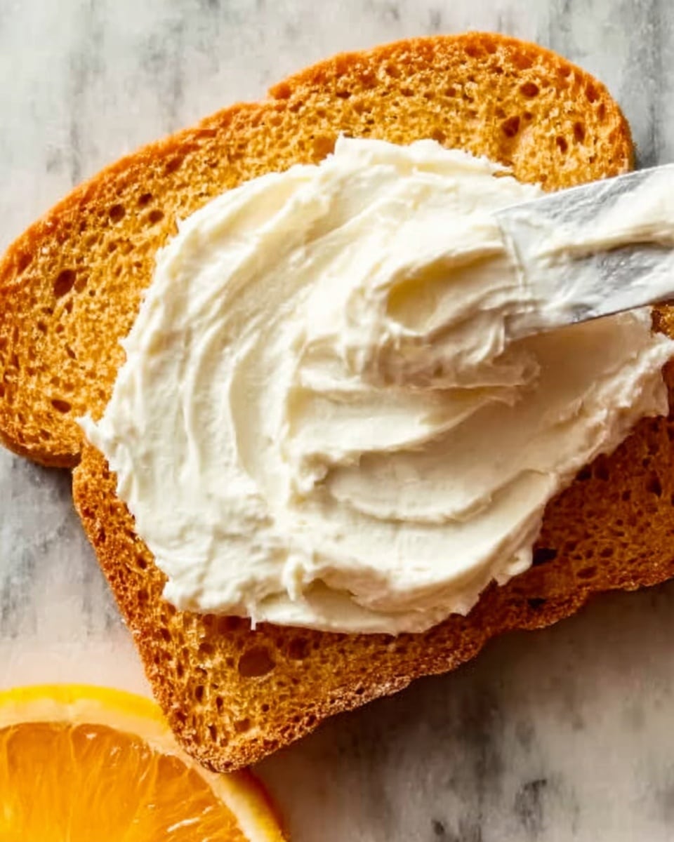 A close-up view of an orange slice of bread with visible texture and small holes, topped with a thick, creamy white spread evenly covering the surface. Above the bread, a utensil with more cream is angled, showing fresh spreading action. The background is a white marbled surface. Photo taken with an iphone --ar 4:5 --v 7
