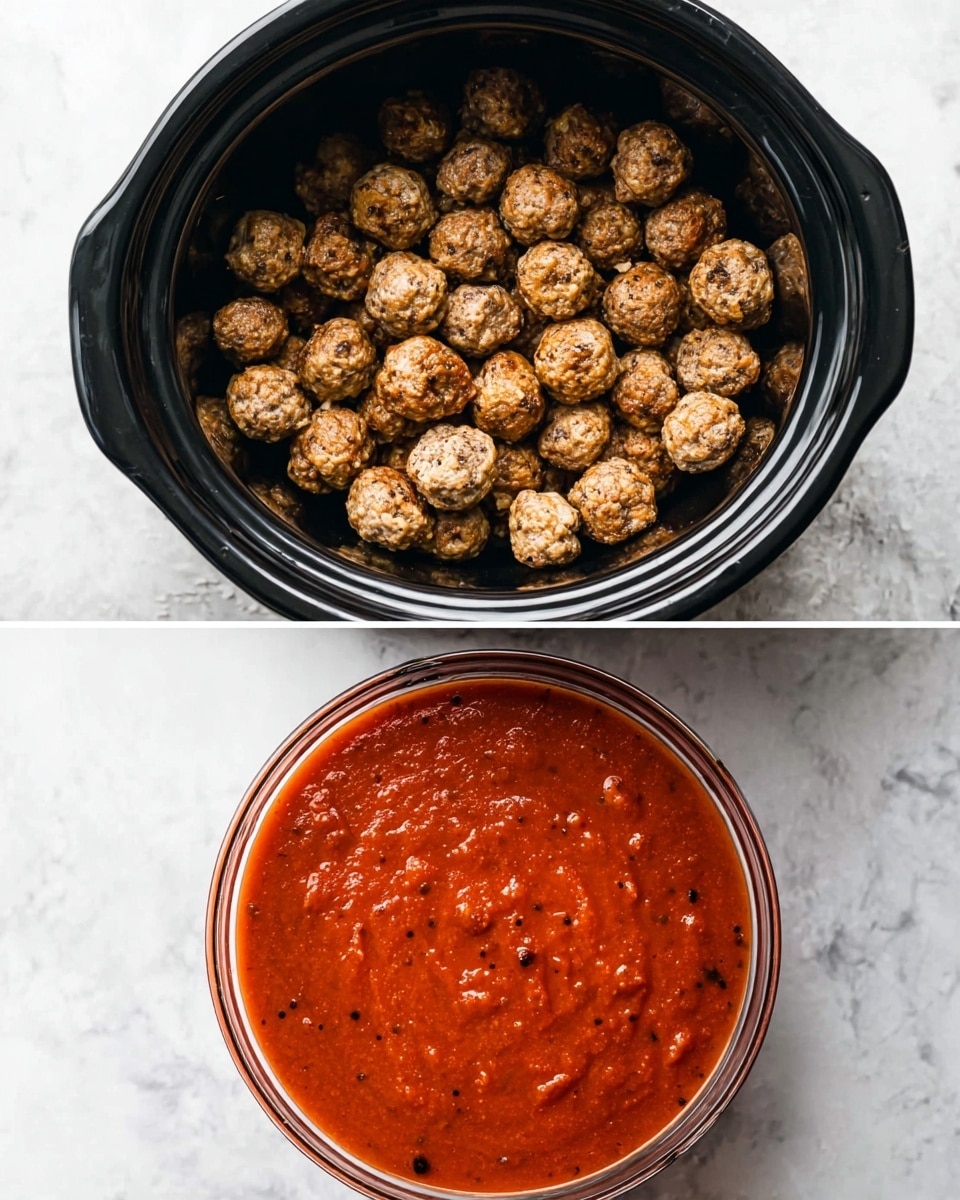 The image shows two separate containers on a white marbled surface. The first container is a black slow cooker filled with many small, round, browned meatballs that have a slightly rough texture and varied golden-brown tones. The second container is a clear round glass bowl filled with a smooth, thick red sauce that has tiny darker specks spread evenly across its surface. Both containers are viewed from above, showing the contents clearly. photo taken with an iphone --ar 4:5 --v 7