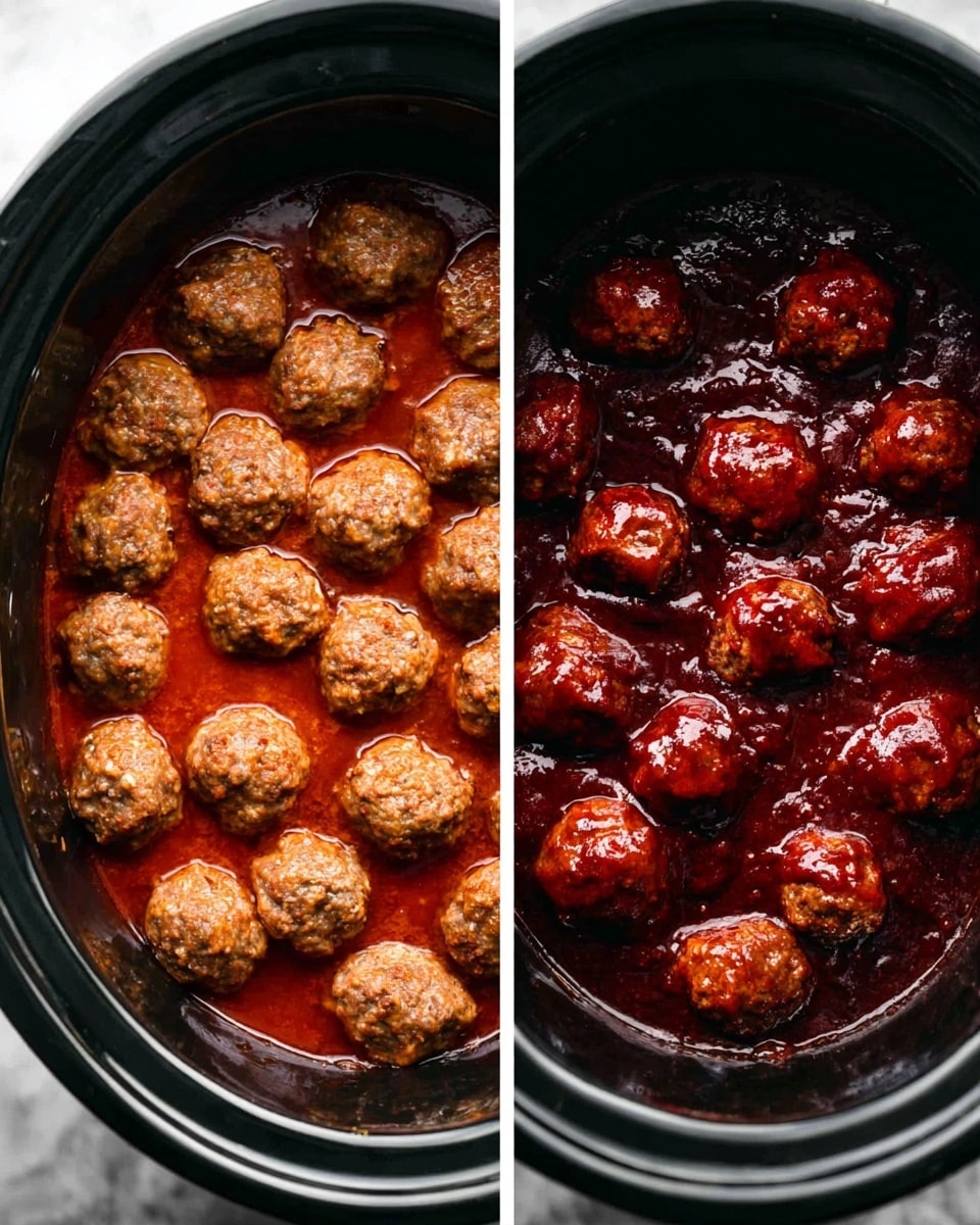 The image shows two side-by-side photos of meatballs cooking in a black slow cooker on a white marbled surface. On the left, the meatballs are raw and light brown with a rough texture, sitting in a thick red sauce that partially covers them. On the right, the meatballs are cooked, darker brown with a shiny smooth texture, fully coated in a rich, glossy red sauce that fills the cooker. Both images are close-up shots showing the depth and texture of the meatballs and sauce, with the dark interior of the slow cooker creating strong contrast. Photo taken with an iphone --ar 4:5 --v 7