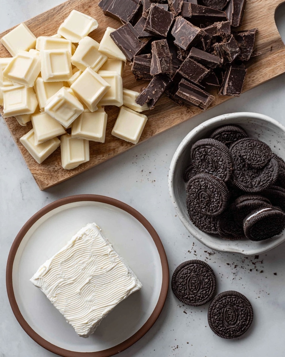 The image shows four groups of ingredients arranged on a white marbled surface. On the top left, there is a wooden board with two types of chopped chocolate: creamy white chocolate pieces on the upper part and dark brown chocolate chunks on the lower part. To the right, there are whole black sandwich cookies placed on the surface and inside a white bowl filled with similar cookies, stacked loosely. At the bottom left, a white plate with a brown rim holds a block of smooth, white cream cheese with visible wrinkles on its surface. photo taken with an iphone --ar 4:5 --v 7