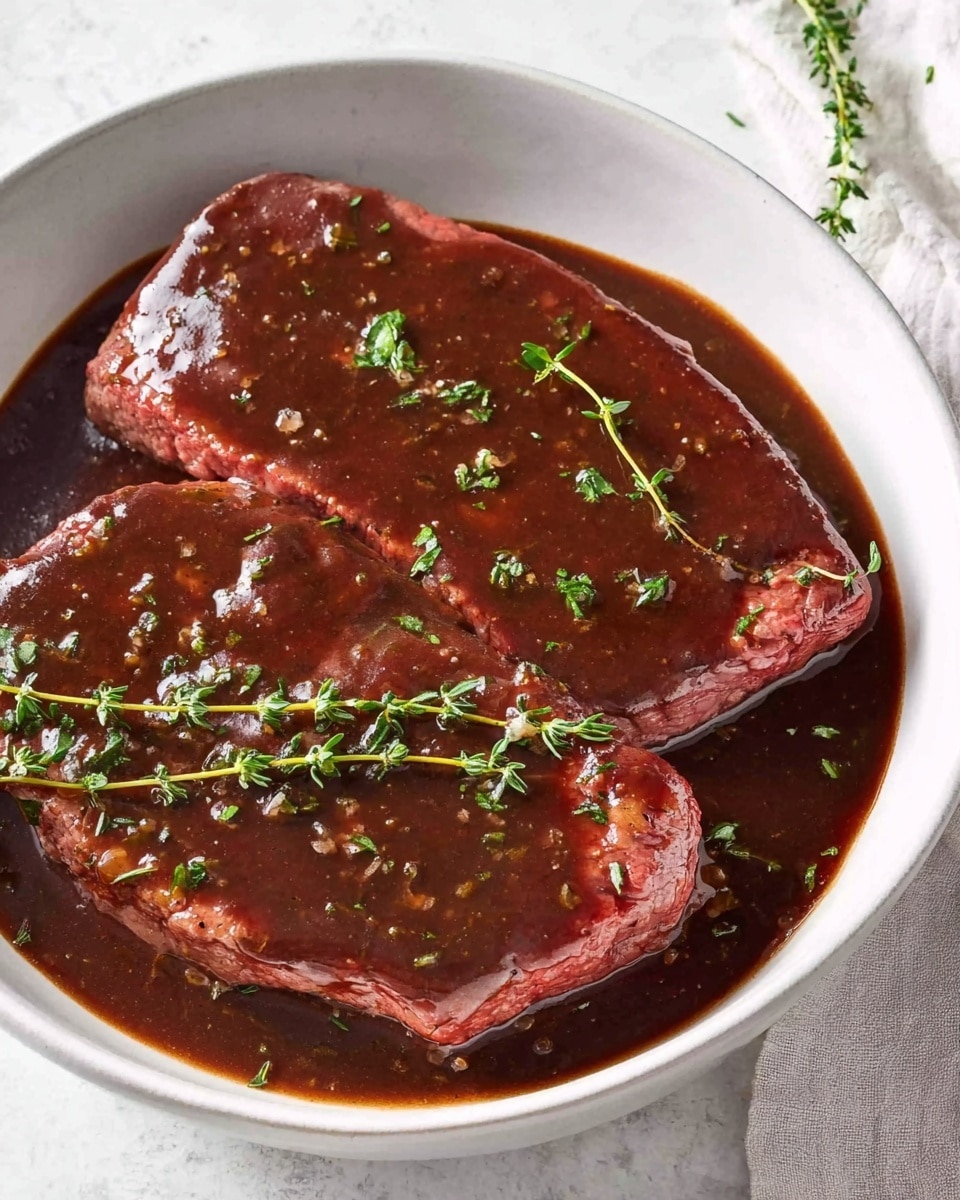 In a white bowl sitting on a white marbled surface, there are two large raw steaks covered in a glossy, dark brown sauce. The sauce has a smooth texture and coats the steaks evenly. Small green herb leaves and a few sprigs of thyme are scattered on top, adding a fresh green contrast to the meat and sauce. The steaks have a rich reddish-pink color visible under the sauce, and the bowl edges are clean and simple. Photo taken with an iphone --ar 4:5 --v 7