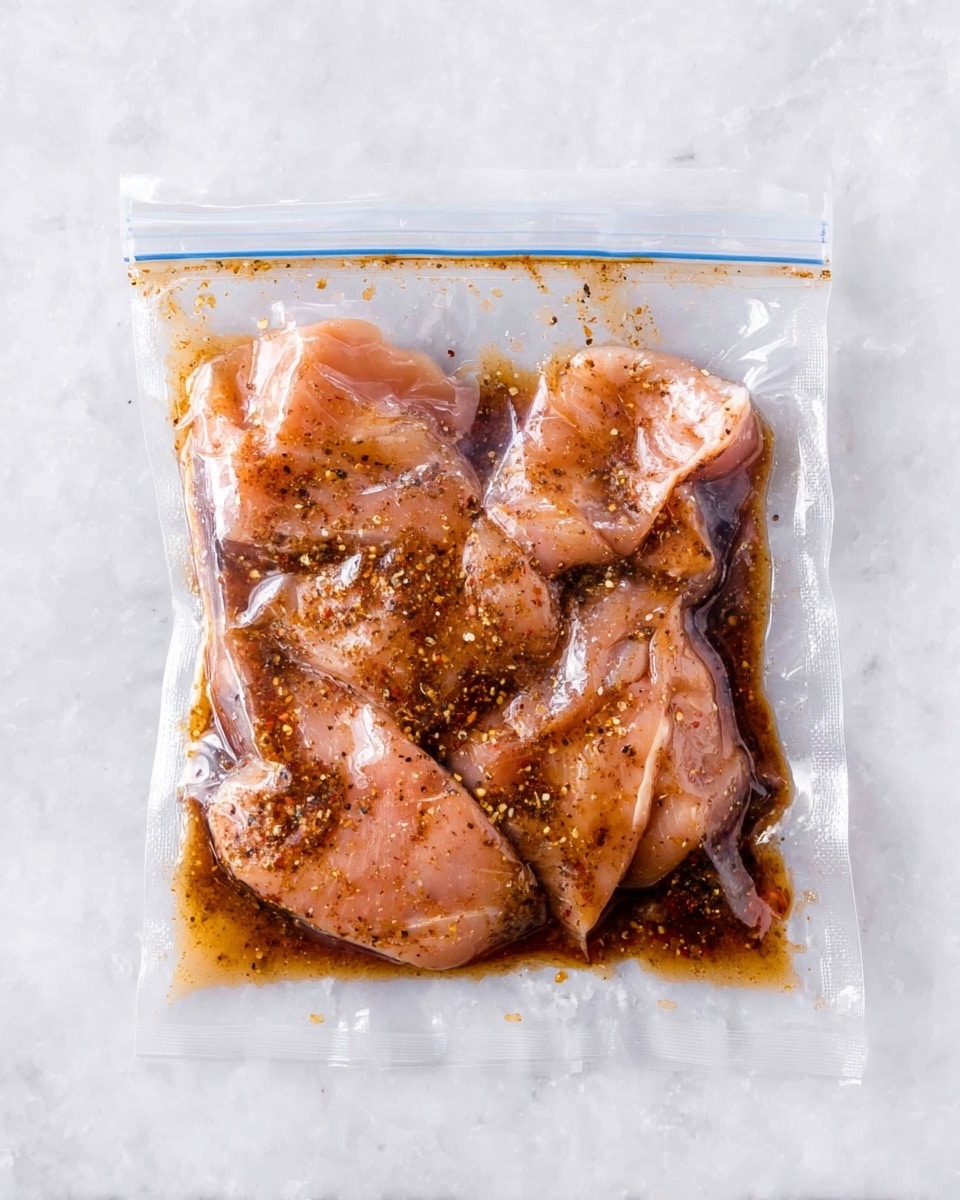 A clear plastic zip-lock bag filled with four pieces of raw light pink chicken soaked in a dark brown marinade with visible black pepper and spice specks. The meat is fully covered and slightly shiny from the sauce inside the bag, which is spread evenly at the bottom and clinging to the meat. The bag is placed flat on a white marbled surface, with some small drops of marinade scattered inside the bag near the top edges. Photo taken with an iphone --ar 4:5 --v 7