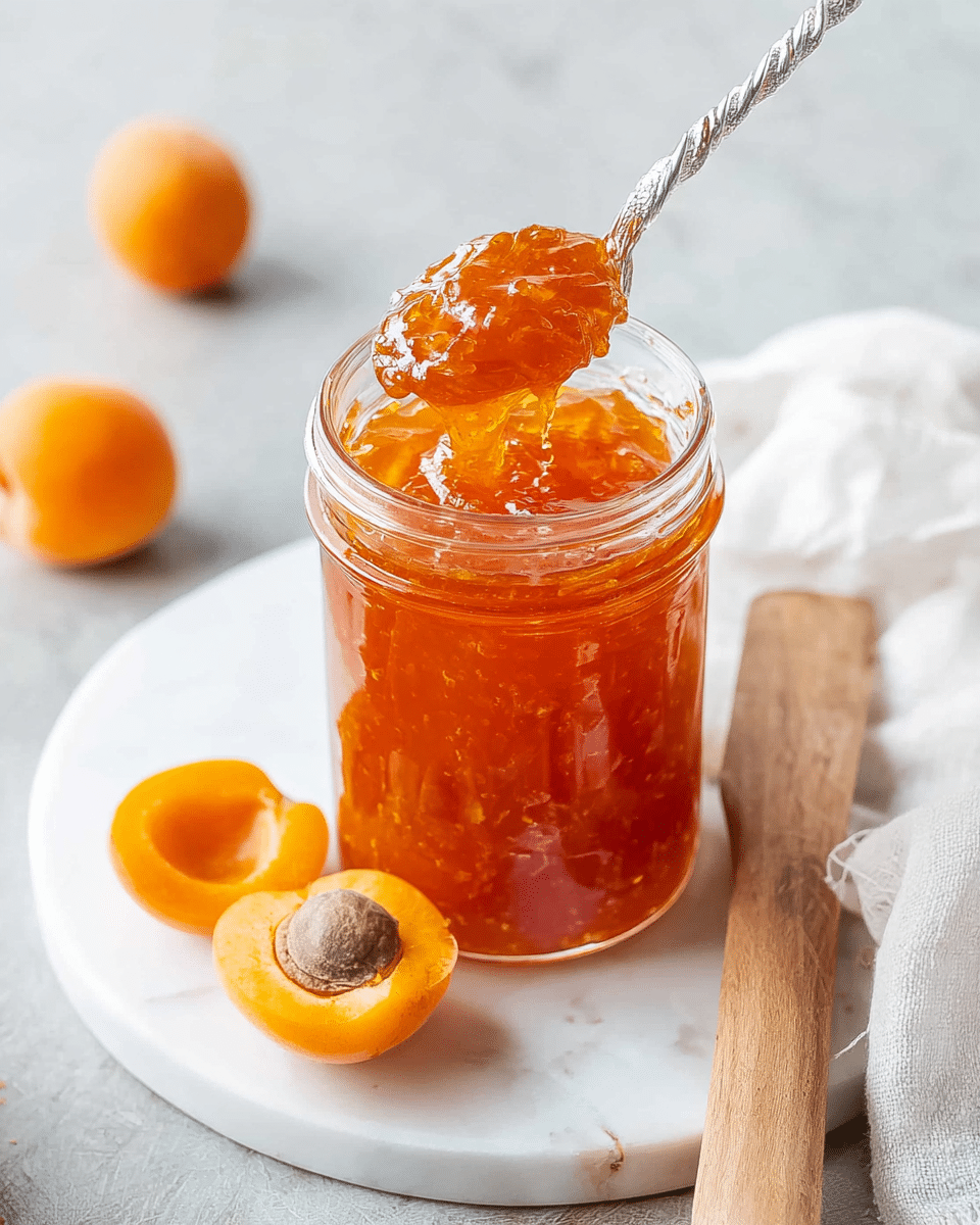 A close-up image shows a white soft bread base spread with a bright orange apricot jam on top, creating one thick layer with a shiny and slightly chunky texture. Around it, there are whole fresh apricots with soft orange skins and several dried apricot pieces scattered casually, adding extra color and texture. A silver spoon holds some more apricot jam, resting on a white marbled surface beneath the food. The entire scene is arranged on a dark serving board that contrasts with the bright orange tones of the jam and apricots. Photo taken with an iphone --ar 4:5 --v 7