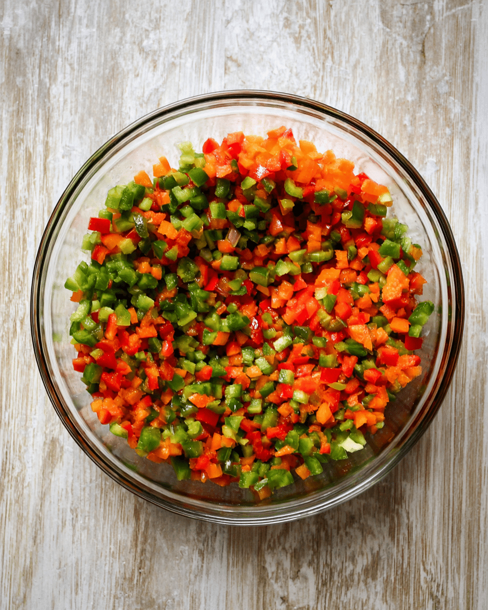 A clear glass bowl filled with three kinds of finely chopped bell peppers, showing a mix of red, orange, and green colors evenly spread throughout the bowl. The bowl is placed on a white marbled textured surface. photo taken with an iphone --ar 4:5 --v 7