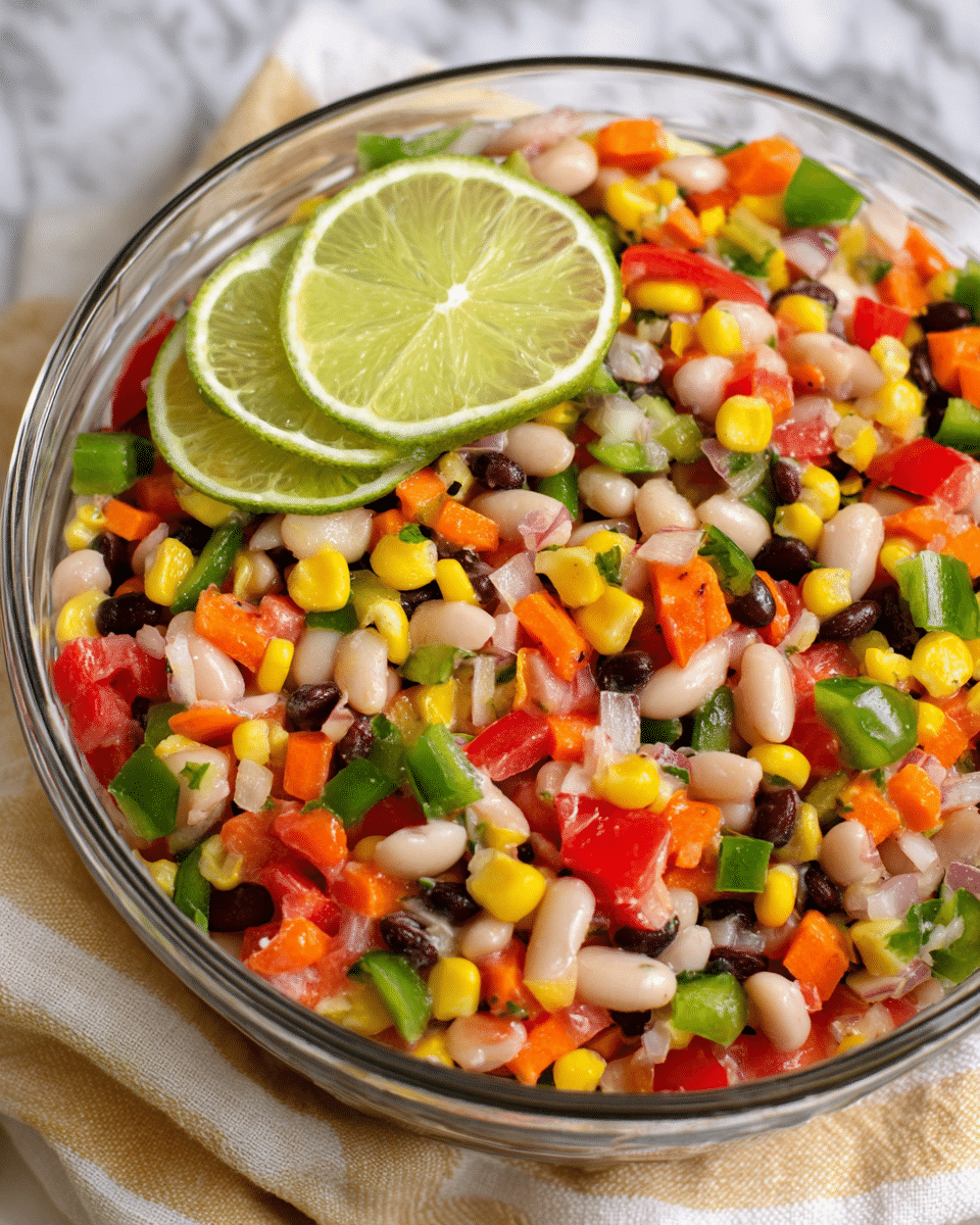 A clear glass bowl filled with a colorful salad made of finely chopped red bell peppers, green bell peppers, black beans, white beans, sweet corn kernels, and diced white onions, all mixed evenly. A wooden spoon is lifting a portion of the salad, showing the detailed textures of the small vegetable and bean pieces, with bright reds, greens, yellows, blacks, and whites. In the background, a white marbled surface is visible, and a woman's hand is holding the wooden spoon from the right side of the image. photo taken with an iphone --ar 4:5 --v 7