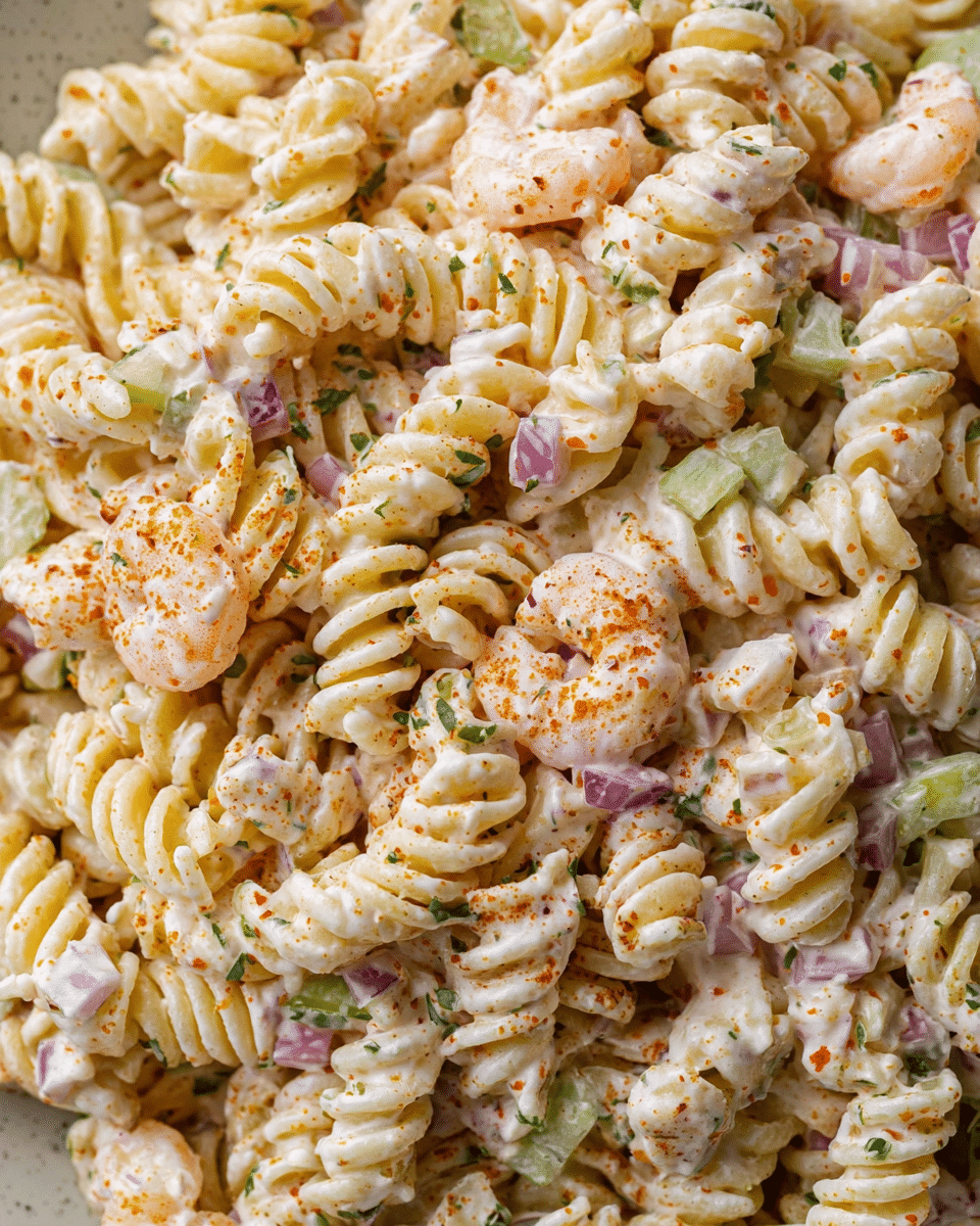 The image shows a close-up of a creamy pasta salad made with spiral pasta mixed with small shrimp pieces, chopped celery, and bits of red onion. The pasta and shrimp are coated in a white, creamy dressing, sprinkled lightly with a reddish spice, and dotted with small green herb fragments. The textures are varied, with the smooth pasta spirals, crunchy celery, and tender shrimp, all mingling closely together. The background is a white marbled texture, enhancing the fresh and vibrant look of the dish. photo taken with an iphone --ar 4:5 --v 7