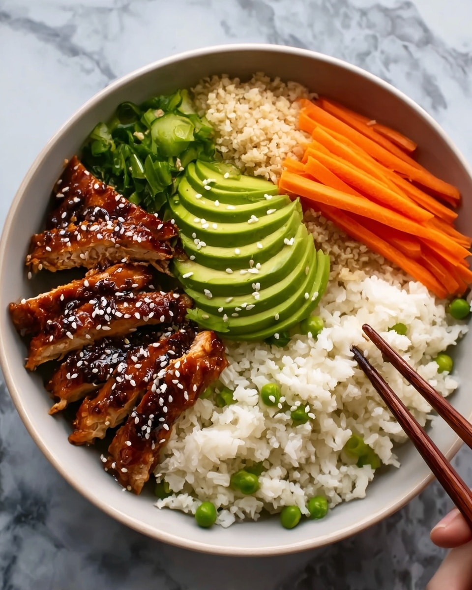 A white bowl holds a colorful dish with five clear sections: at the bottom right is a fluffy white rice layer with small green pea bits; directly above is a fresh green slice of avocado arranged in a fanned pattern; to the left of the avocado are thin, bright orange carrot sticks laid in neat rows; next to the carrots is a light brown grain section with a crumbly texture; and on the left side of the bowl are several dark brown glazed chicken strips topped with white sesame seeds. A woman’s hand is holding wooden chopsticks over the bowl, which sits on a white marbled surface. photo taken with an iphone --ar 4:5 --v 7