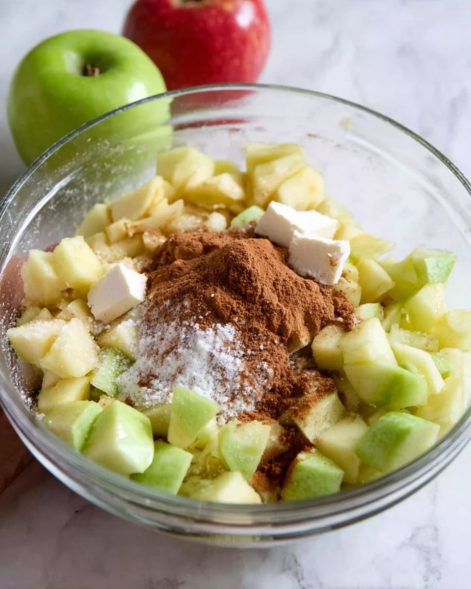 A clear glass bowl sits on a white marbled surface filled with chopped pieces of pale green and yellow apples. In the center of the bowl, there is a heap of brown cinnamon powder, white granulated sugar sprinkled lightly on top, and a few small white pieces that look like butter. In the background, two green apples and one red apple are visible blurred out. A woman’s hand is seen holding the side of the bowl. Photo taken with an iphone --ar 4:5 --v 7