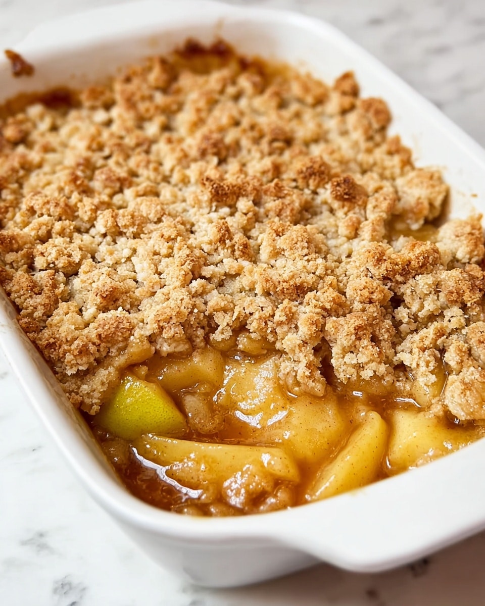 A white baking dish holds a warm apple crumble with three layers visible. The top layer is a golden brown, crumbly topping with a rough texture and small, uneven chunks spread thickly across the dish. Below is the soft apple filling layer with yellowish apple slices soaked in a syrupy sauce that looks glossy and slightly bubbly. The filling has a shiny and wet texture, showing the cooked apple pieces soaked in a golden brown sauce. The dish is resting on a white marbled surface. photo taken with an iphone --ar 4:5 --v 7