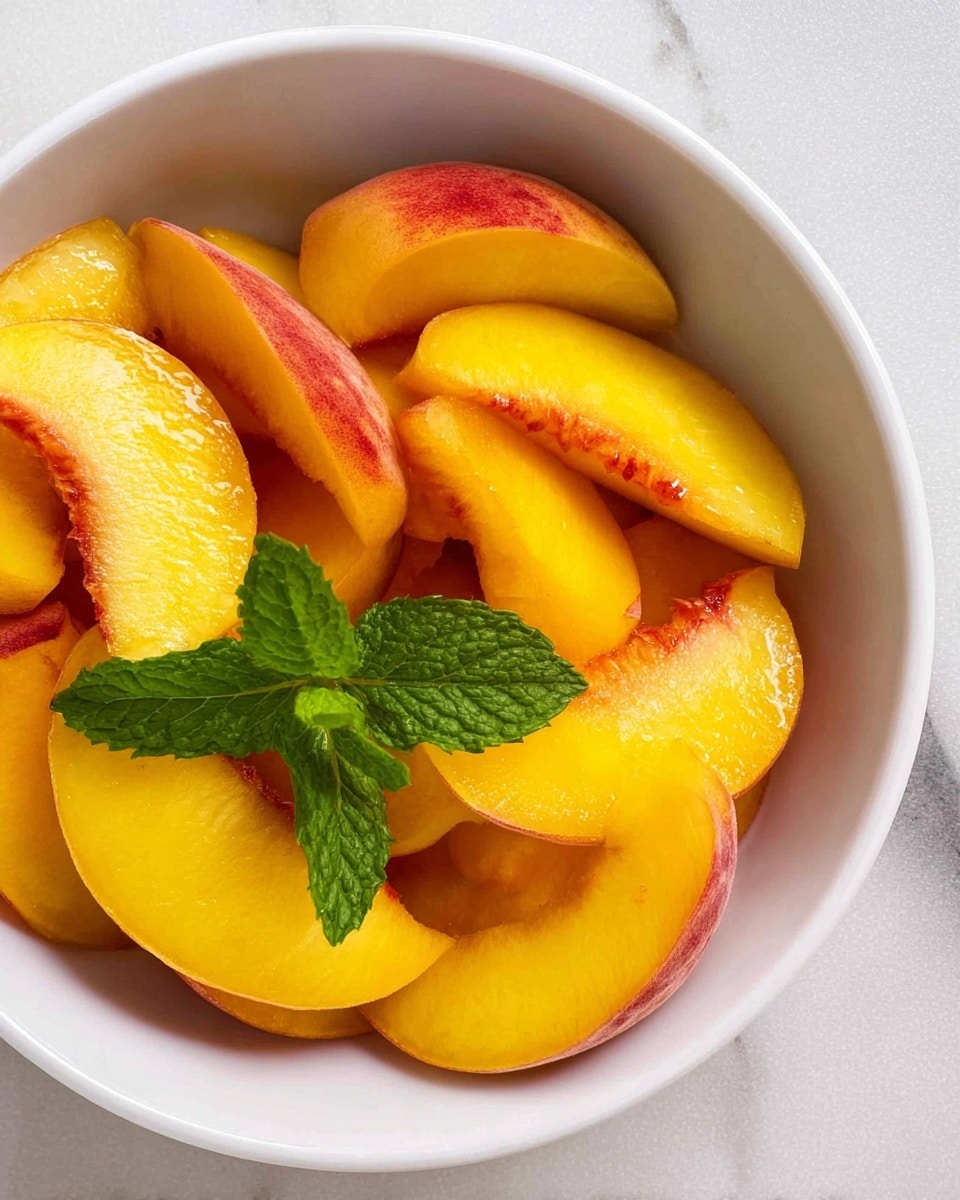 A white bowl filled with about two layers of fresh peach slices, each slice showing bright yellow-orange flesh with parts of the reddish skin visible on the edges. The peach slices have a smooth, juicy texture and are arranged casually but closely packed inside the bowl. A fresh green mint sprig with small textured leaves sits on top of the peach slices near the center, adding a pop of green color. The bowl sits on a white marbled surface. Photo taken with an iphone --ar 4:5 --v 7