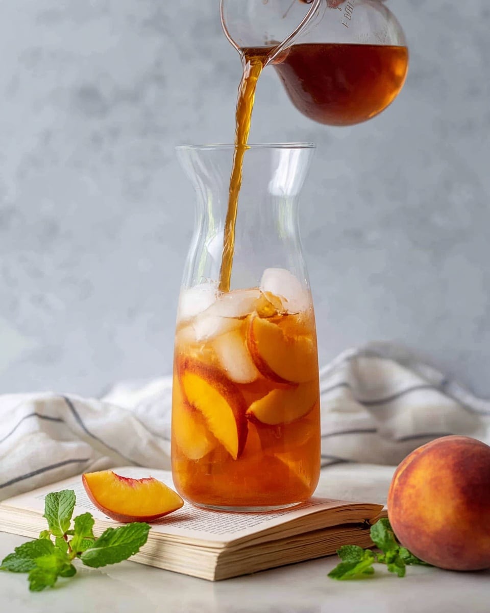 A clear glass carafe filled with large ice cubes and slices of orange peach fruit at the bottom, showing two layers: a lighter orange liquid at the bottom and a darker amber liquid being poured gently from a small clear measuring cup into the top half, creating a soft gradient where the two liquids meet. The carafe sits on top of a folded open book page, on a white marbled surface. There is a whole peach on the right side close to the carafe, and slices of peach and fresh green mint leaves scattered on the surface around it. A white cloth with thin dark stripes is blurred in the background. Photo taken with an iphone --ar 4:5 --v 7