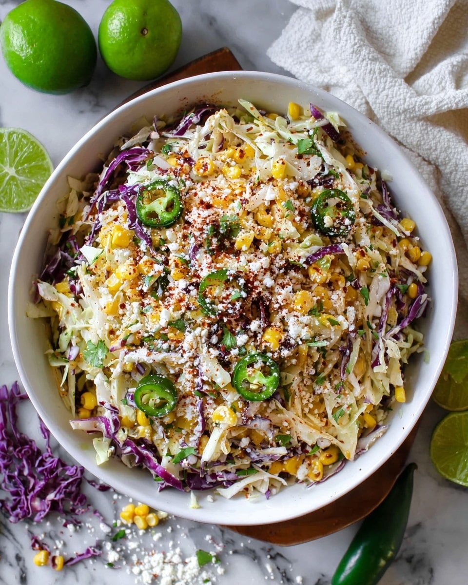 A white bowl filled with a colorful layered salad shows a mix of shredded white and purple cabbage as the main base, with scattered bright yellow corn kernels and thin slices of green jalapeño peppers mixed throughout. The salad is topped with a sprinkling of white crumbly cheese and a sprinkle of red chili powder, along with small bits of fresh green herbs. The bowl sits on a white marbled surface, accompanied by fresh limes, green jalapeños, and a white cloth with some cabbage shreds around. photo taken with an iphone --ar 4:5 --v 7